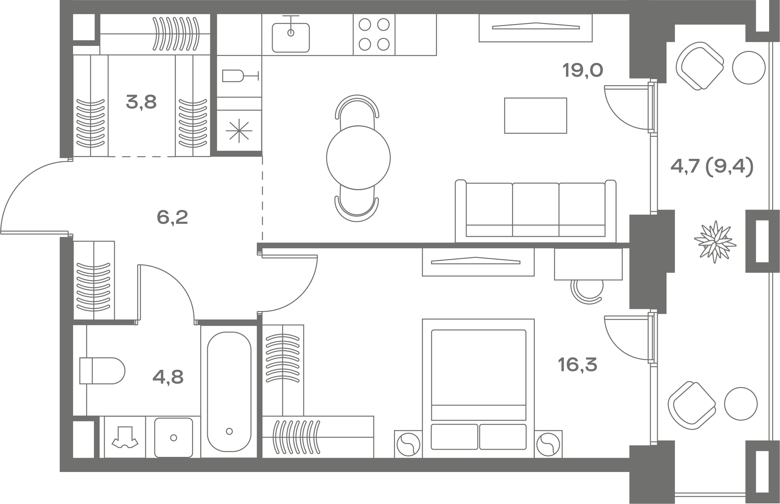 1-комнатная, 54,8 м² — 38 206 560 ₽