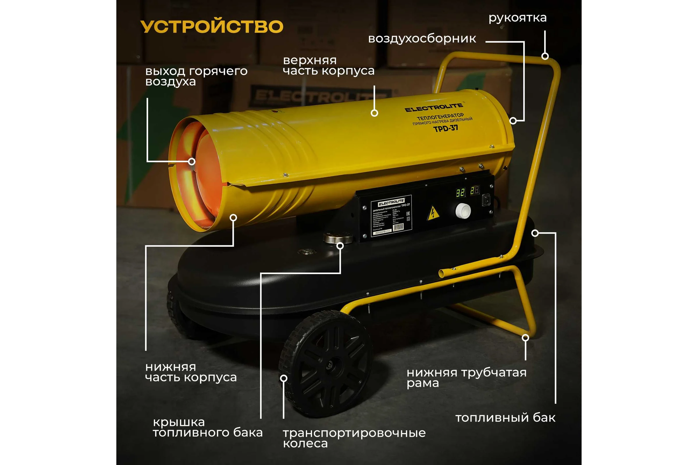 Дизельная тепловая пушка Electrolite TPD-37 EL (37000 Вт, 750 м3/час, 220 В, 2.8 л/час, Термостат) 5062