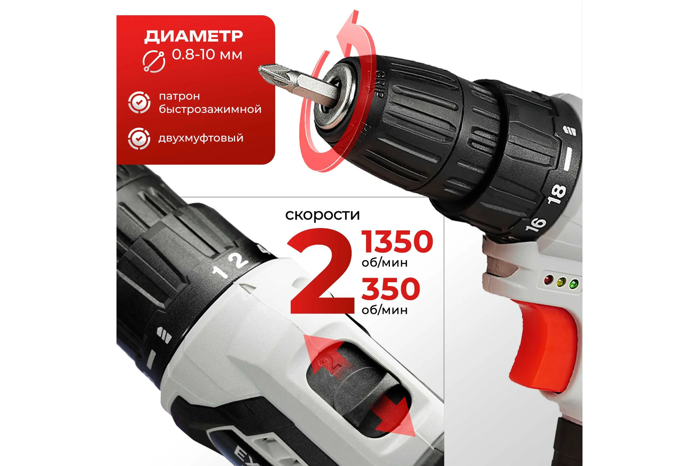 Аккумуляторная дрель-шуруповерт Electrolite Expert 12/2.0 по дереву и металлу, с набором, 12 В, 2.0 Ач емкость, 2 скорости, 2 аккумулятора Li-Ion, кейс, быстрозажимной патрон 3344