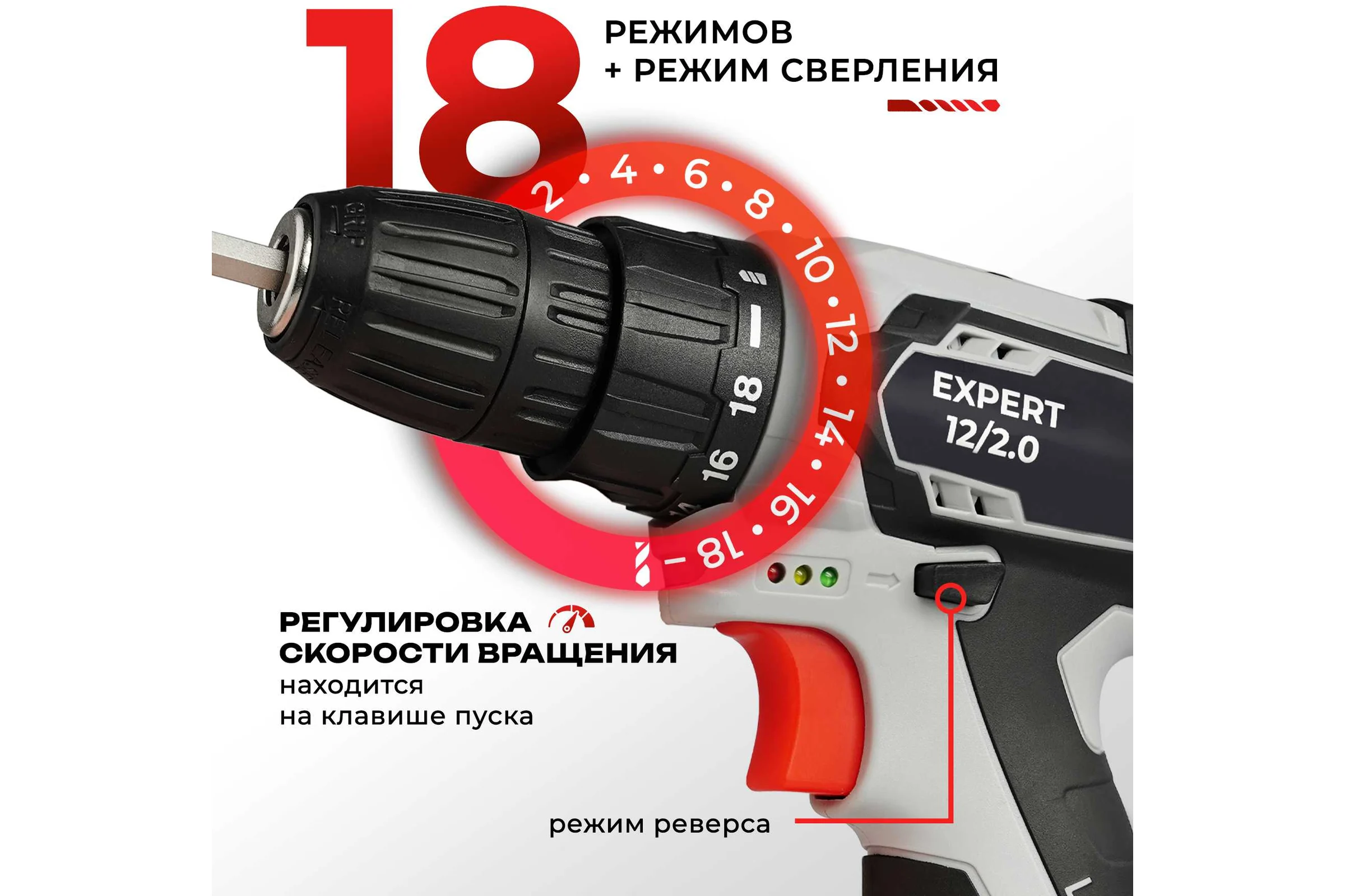 Аккумуляторная дрель-шуруповерт Electrolite Expert 12/2.0 по дереву и металлу, с набором, 12 В, 2.0 Ач емкость, 2 скорости, 2 аккумулятора Li-Ion, кейс, быстрозажимной патрон 3344