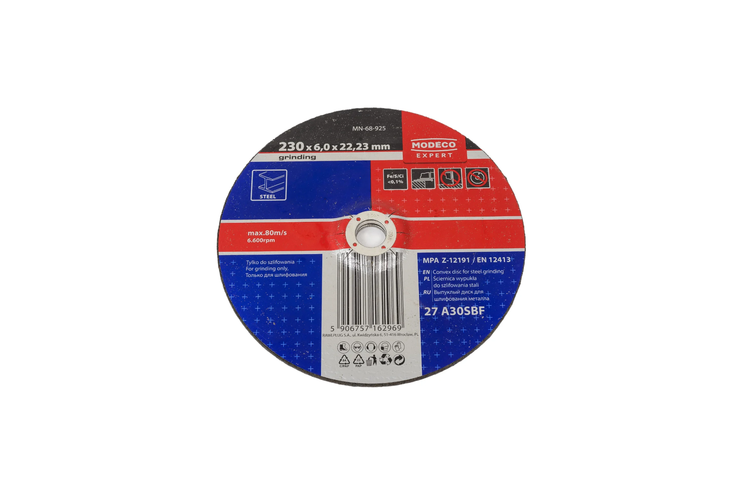 Диск для шлифования металла 230x6x22.23 мм, выпуклый MODECO MN-68-925