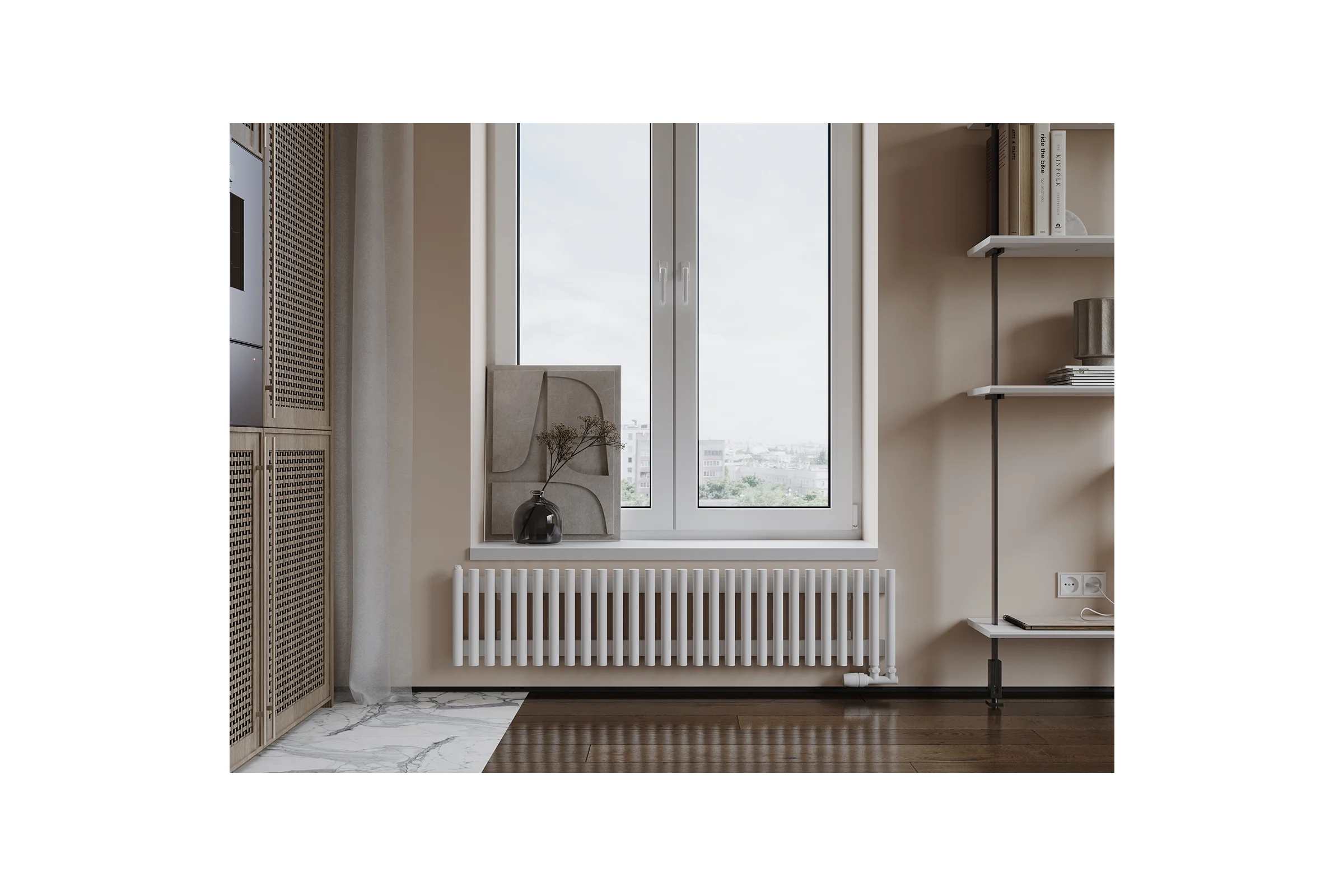 Вертикальный стальной радиатор GUARDO Torre 3D 400х1382 мм, 28 секций, S=11м², нижнее правое подключение 3D-0400-28 NK-VER-R R9016(M)