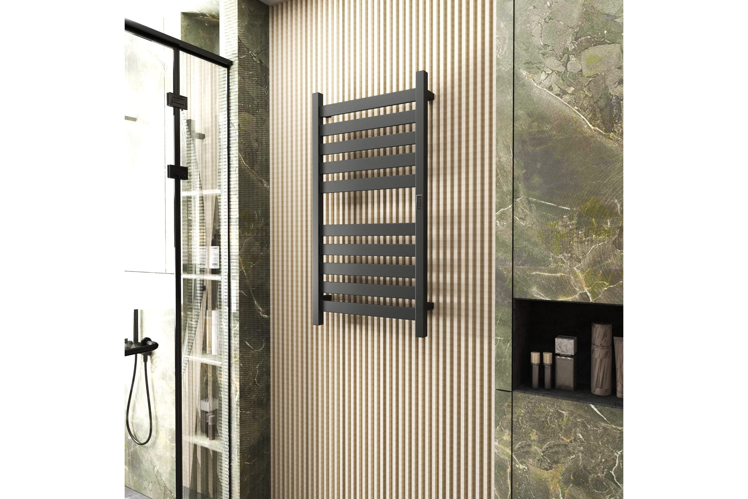 Дизайнерский электрический профильный полотенцесушитель Bauedge BAU Elite 50x100, 10 планок, универсальный, черный матовый RAL 9005 DB-0049