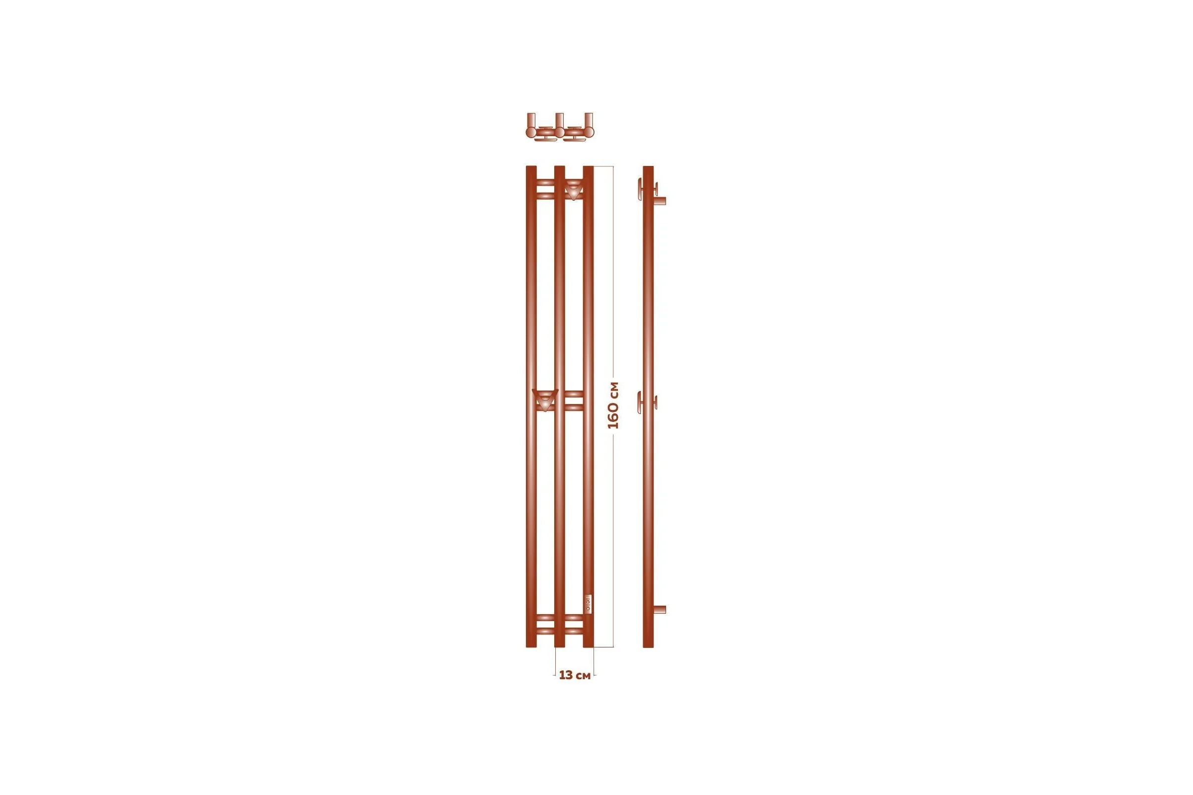 Дизайнерский электрический полотенцесушитель Bauedge BAU Stella 25x160, 3 коллектора, 2 крючка, антикварная бронза DB-0061