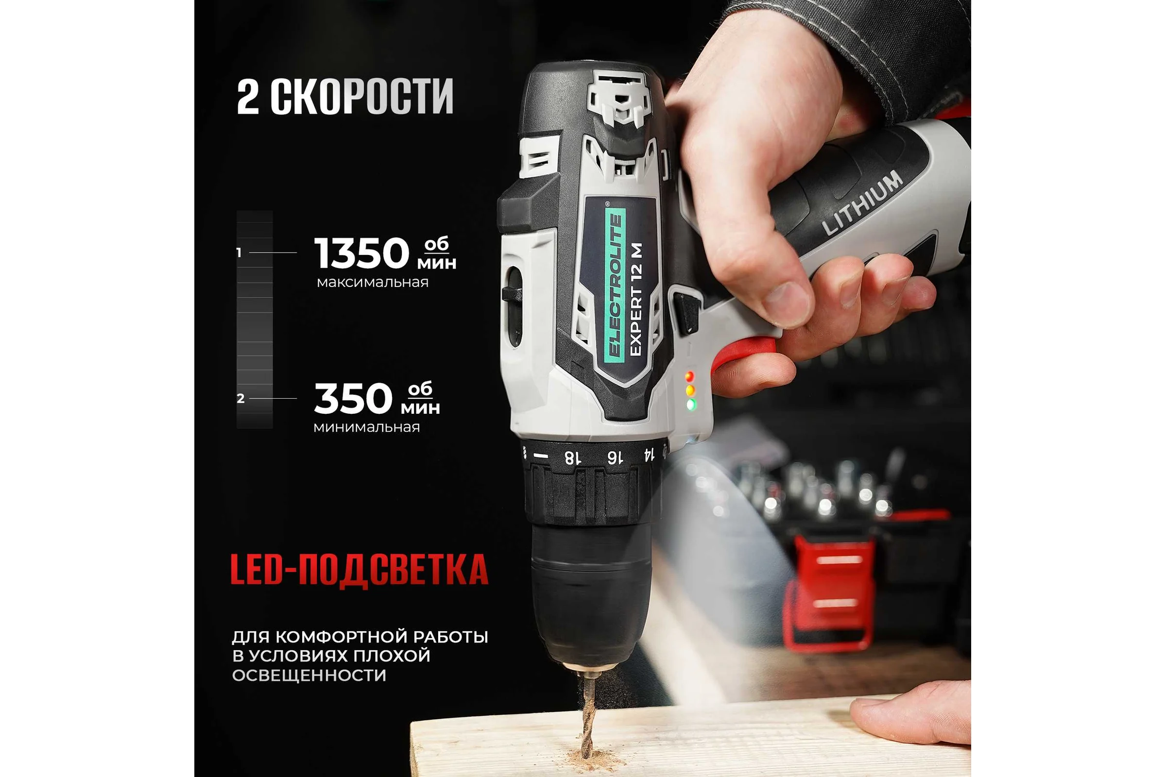 Аккумуляторный шуруповерт Electrolite Expert 12/2.0М набор инструментов пистолетный 5680