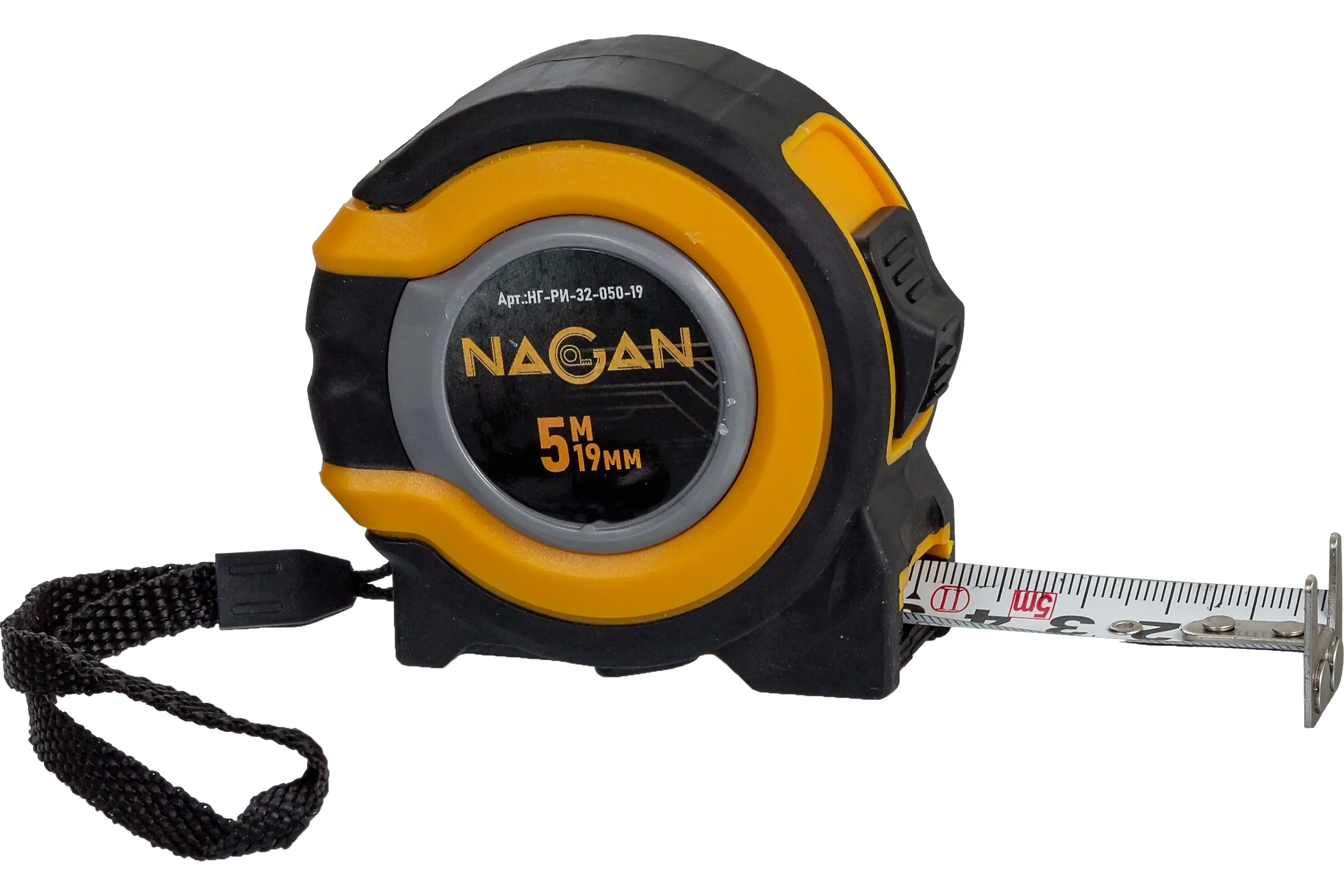 Рулетка NAGAN 5м*19мм, пластик АБС, прорезиненная, 2-сторонняя НГ-РИ-32-050-19