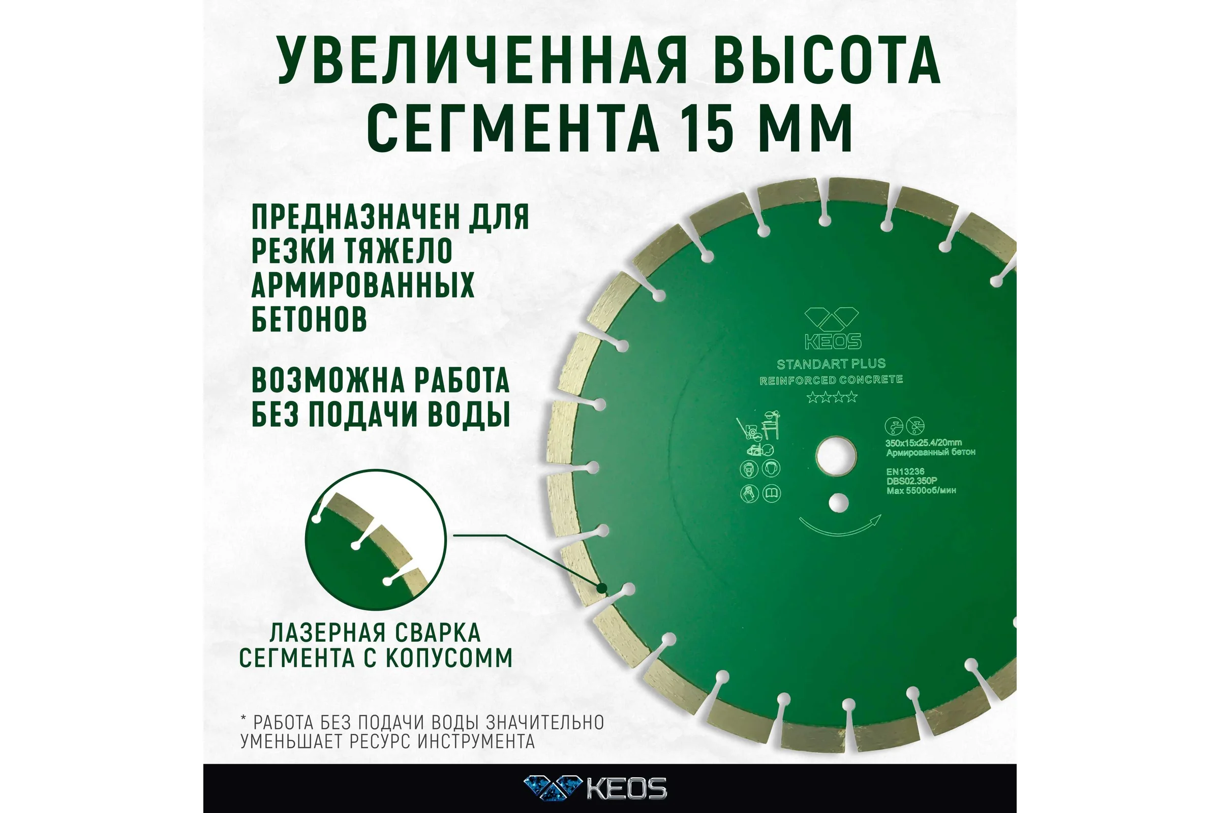 Диск алмазный Standart Plus сегментный армированный бетон (350х25.4/20 мм) KEOS DBS02.350P