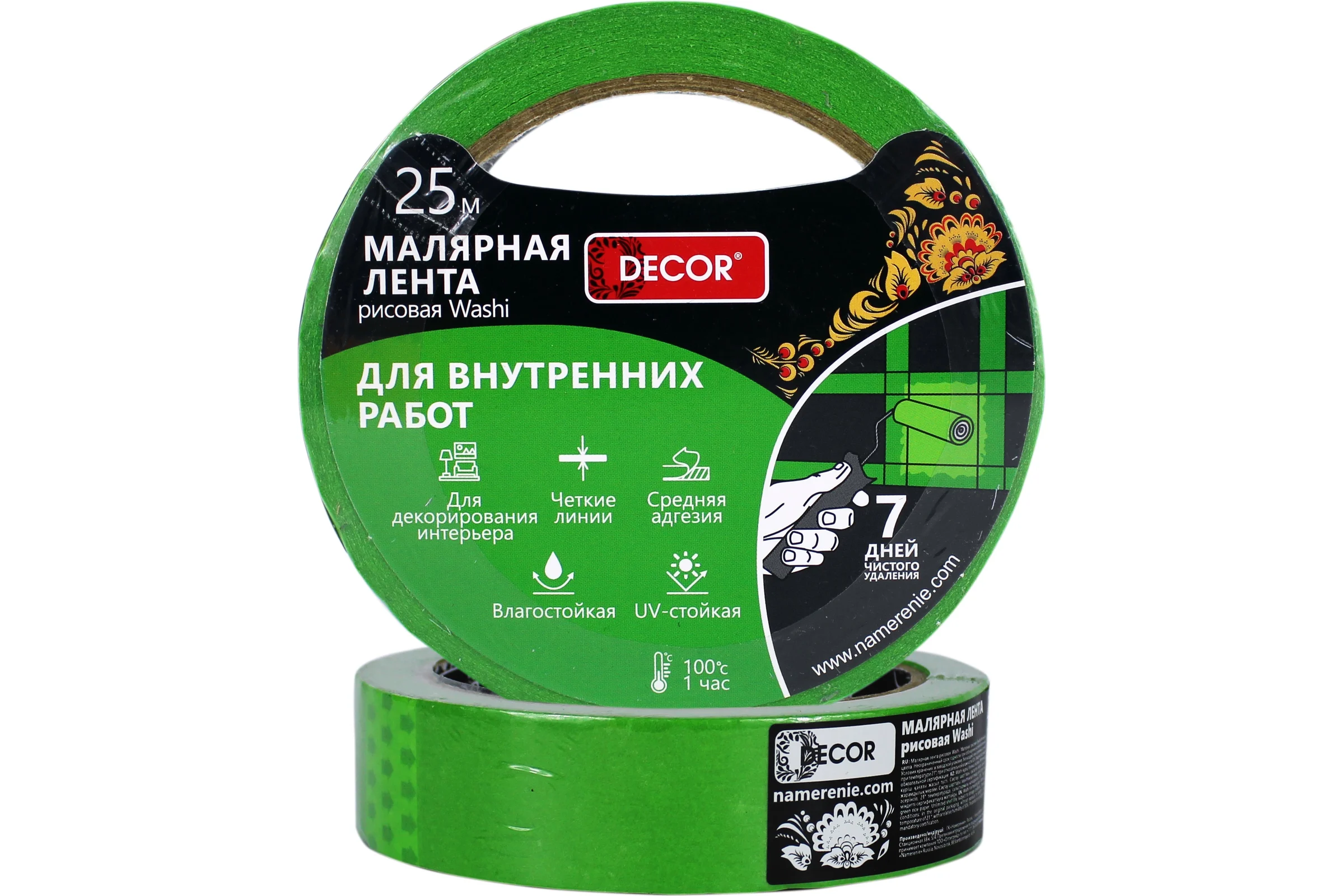 Малярная лента DECOR 38 мм, 25 м, зеленая, для внутренних работ 792-3825 11613738