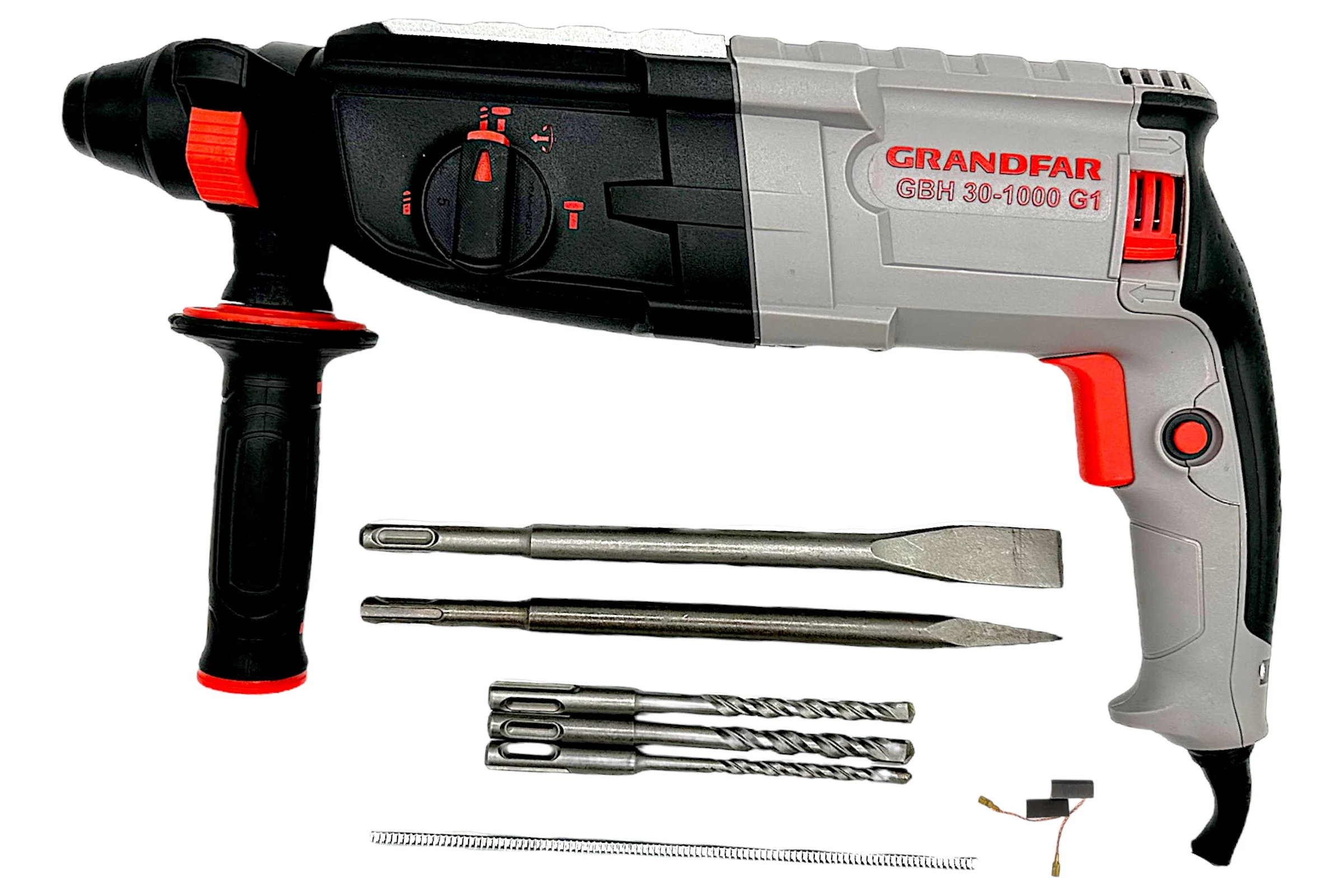 Перфоратор GRANDFAR (щетки 1 пара, зубило плоское 1 шт, пика 1 шт, бур 6/100,8/100,10/100 по 1 шт ) GBH30-1000G1