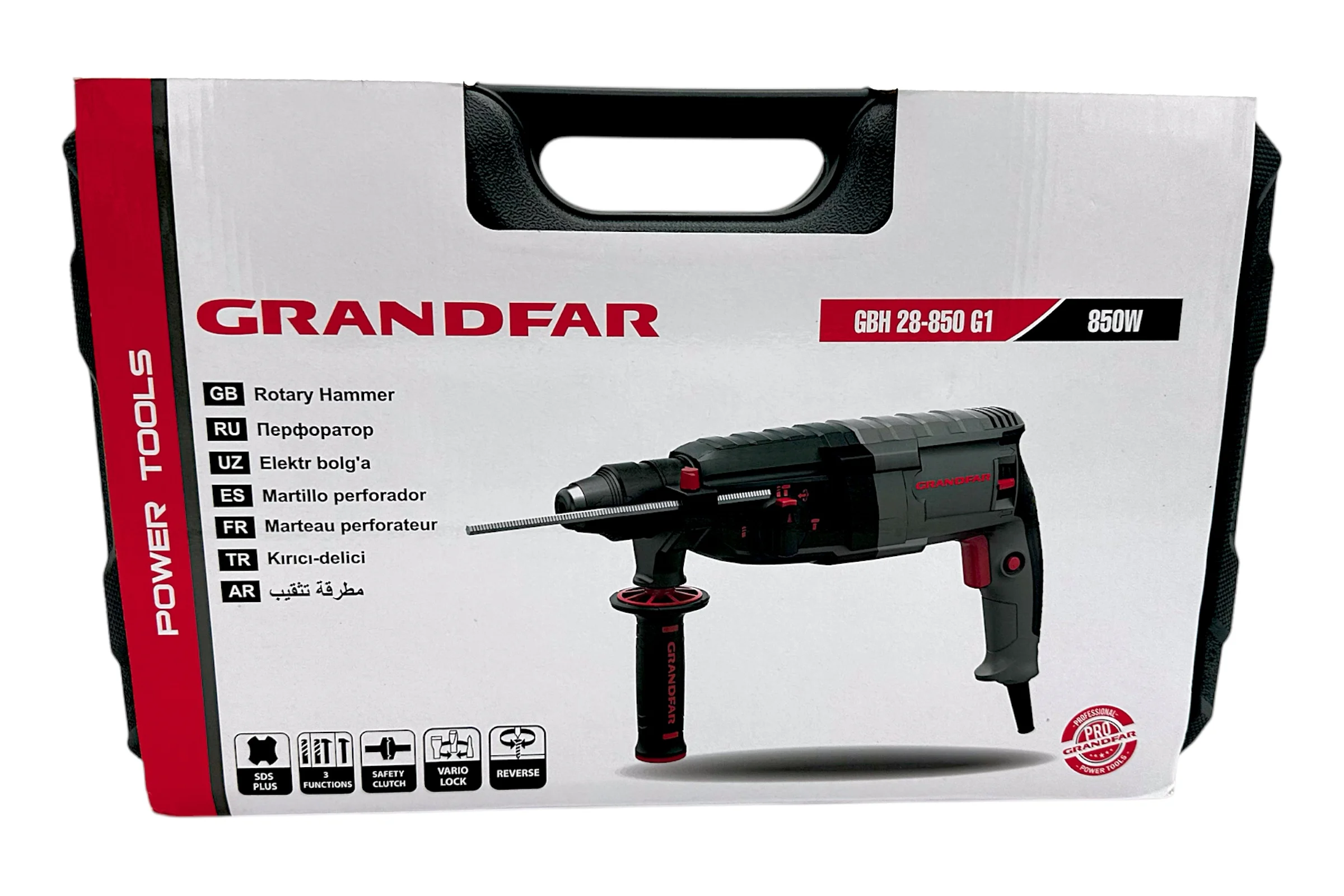 Перфоратор GRANDFAR (щетки 1 пара, зубило плоское 1 шт, пика 1 шт, бур 6/100,8/100,10/100 по 1 шт ) GBH28-850G1