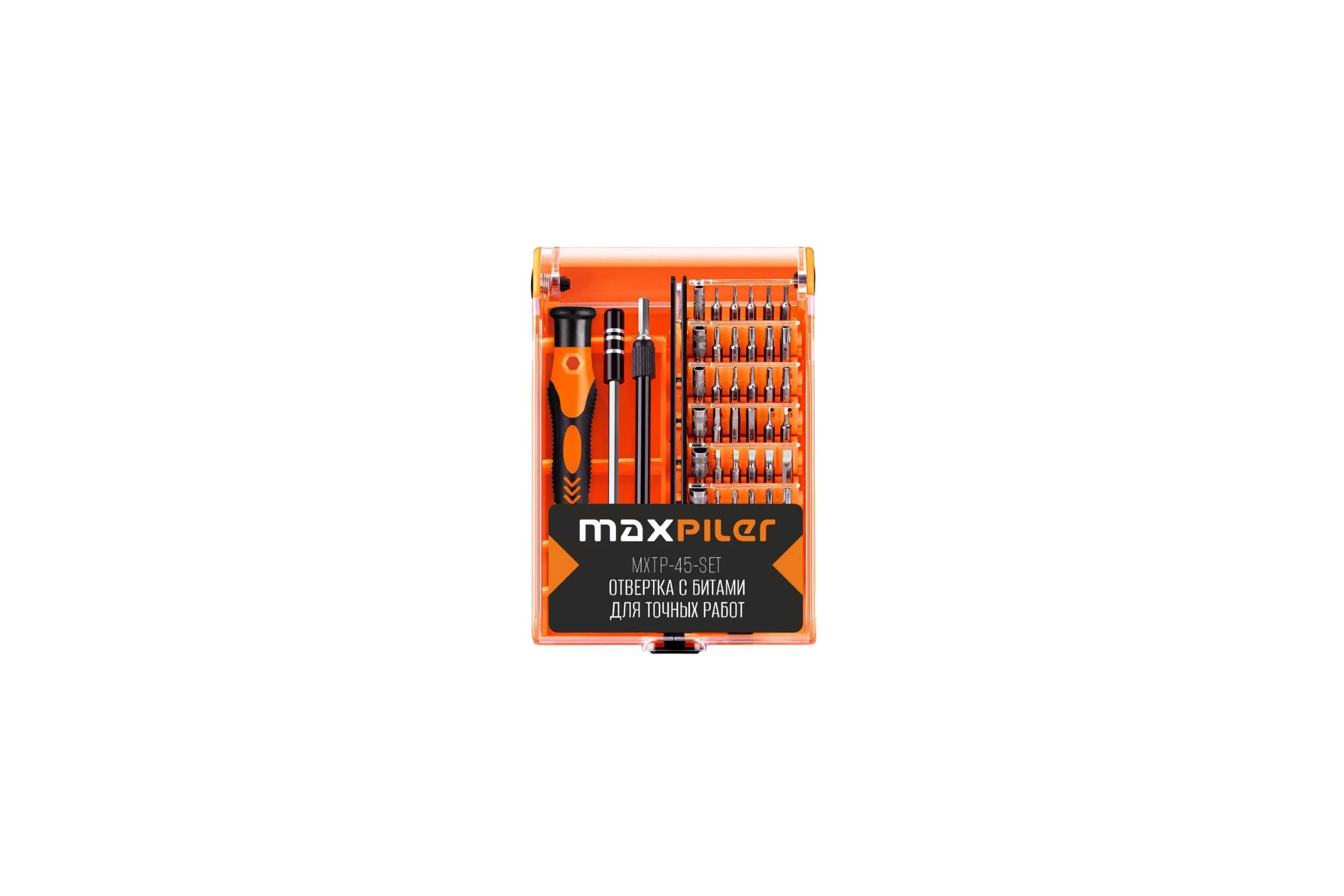 Набор бит и головок для точных работ с рукояткой MAXPILER (45 шт, 2 адаптера, кейс) MXTP-45-SET