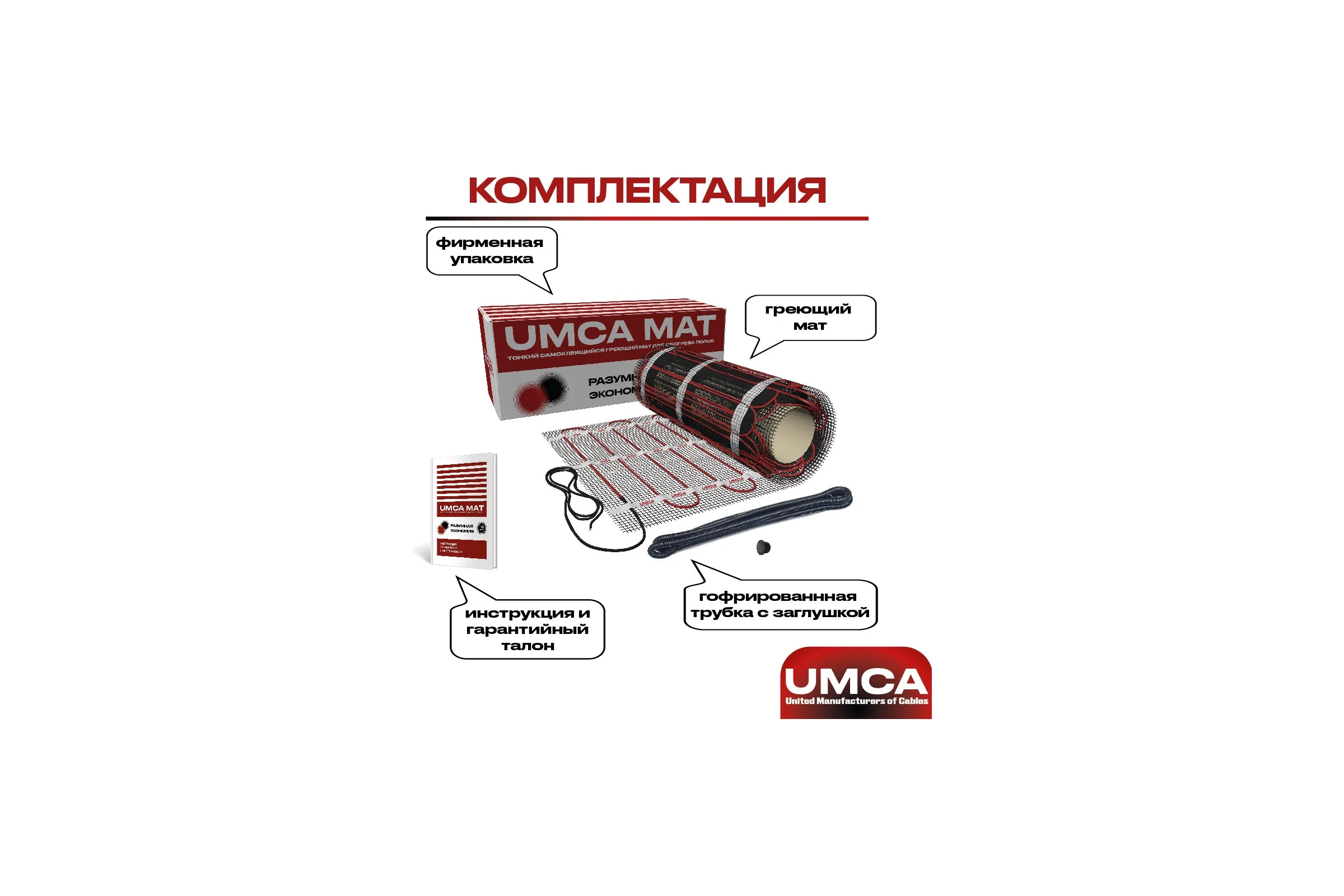 Комплект теплого пола электрический мат для квартир и домов 180 Вт/м², 2.0 м²/360 Вт UMCA 208003