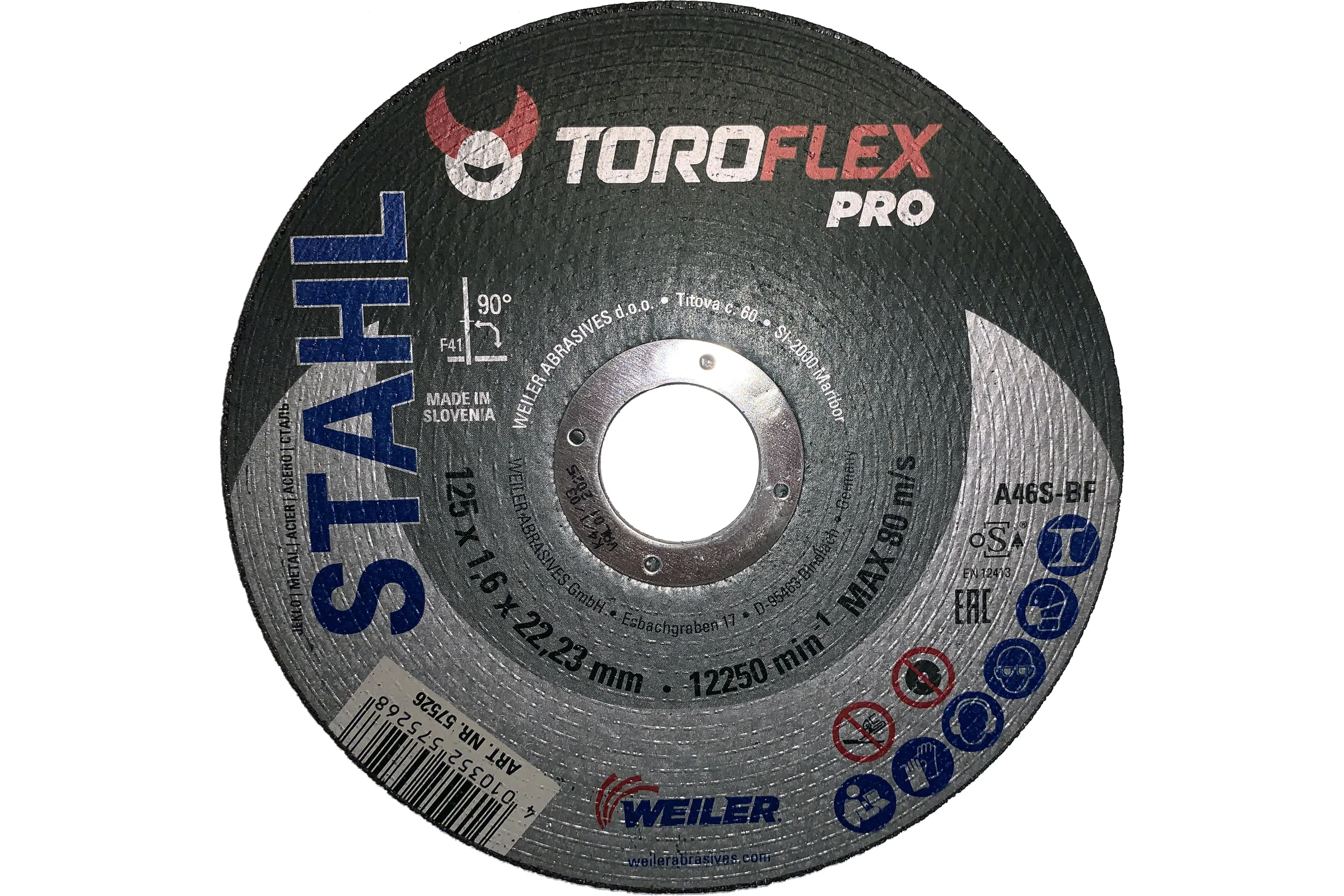 Круг отрезной по стали F41 125х1.6х22.23 мм, А46S-BF PRO TOROFLEX 4010352575268