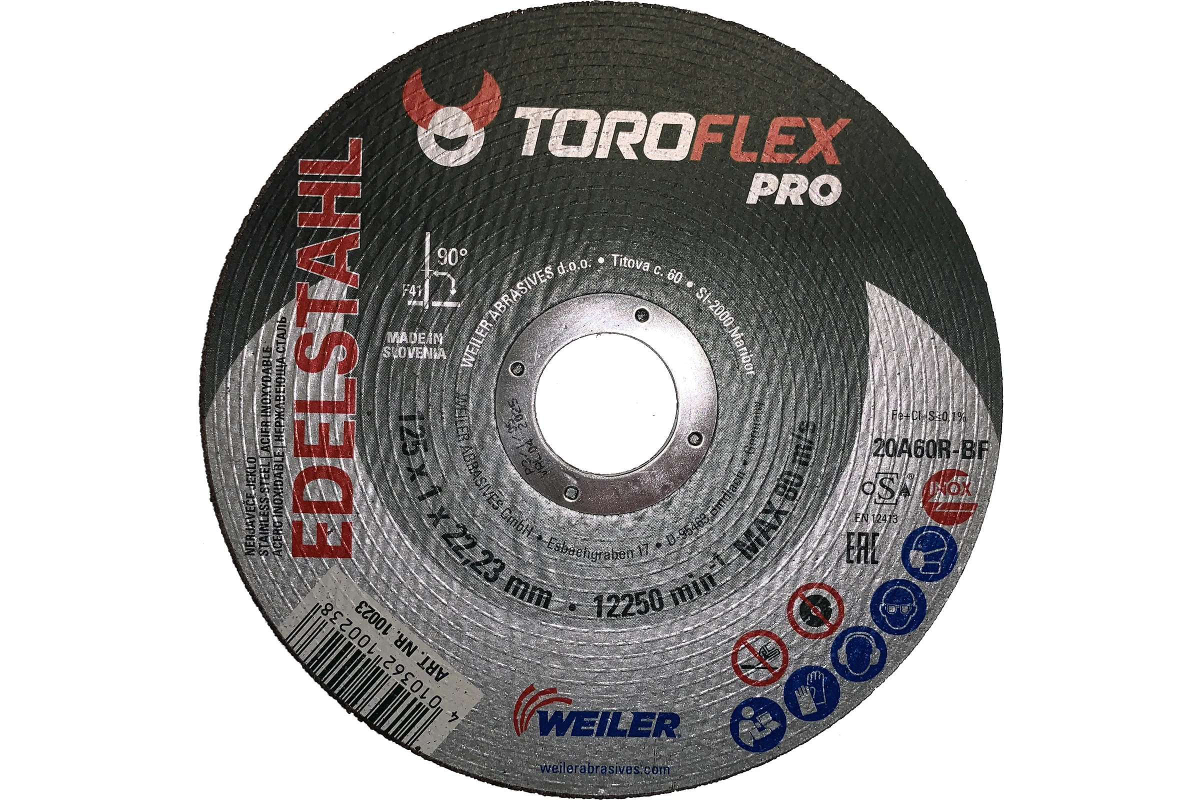 Круг отрезной по нержавеющей стали F41 125х1.0х22.23 мм, 20A60R-BF PRO TOROFLEX 4010362100238