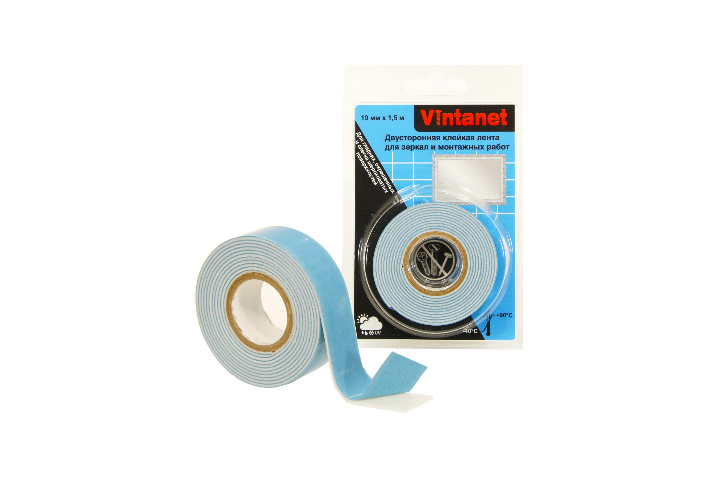 Двусторонняя клейкая лента для зеркал и монтажных работ VINTANET VN819, 19 мм х 1,5 м VN8191915