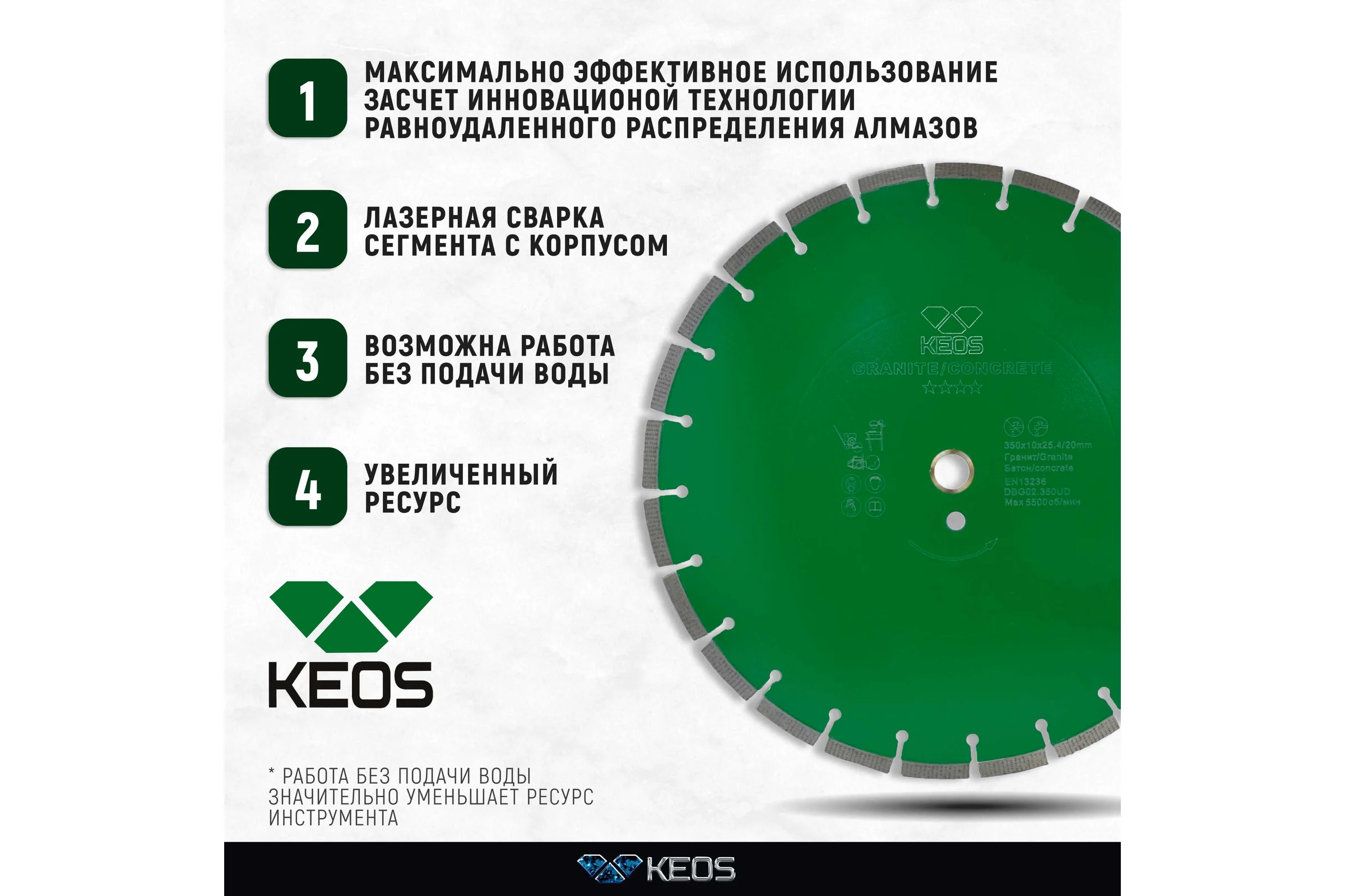Диск алмазный GRANITE равноудаленный сегментный по граниту/бетону (350х25.4/20 мм) KEOS DBG02.350UD