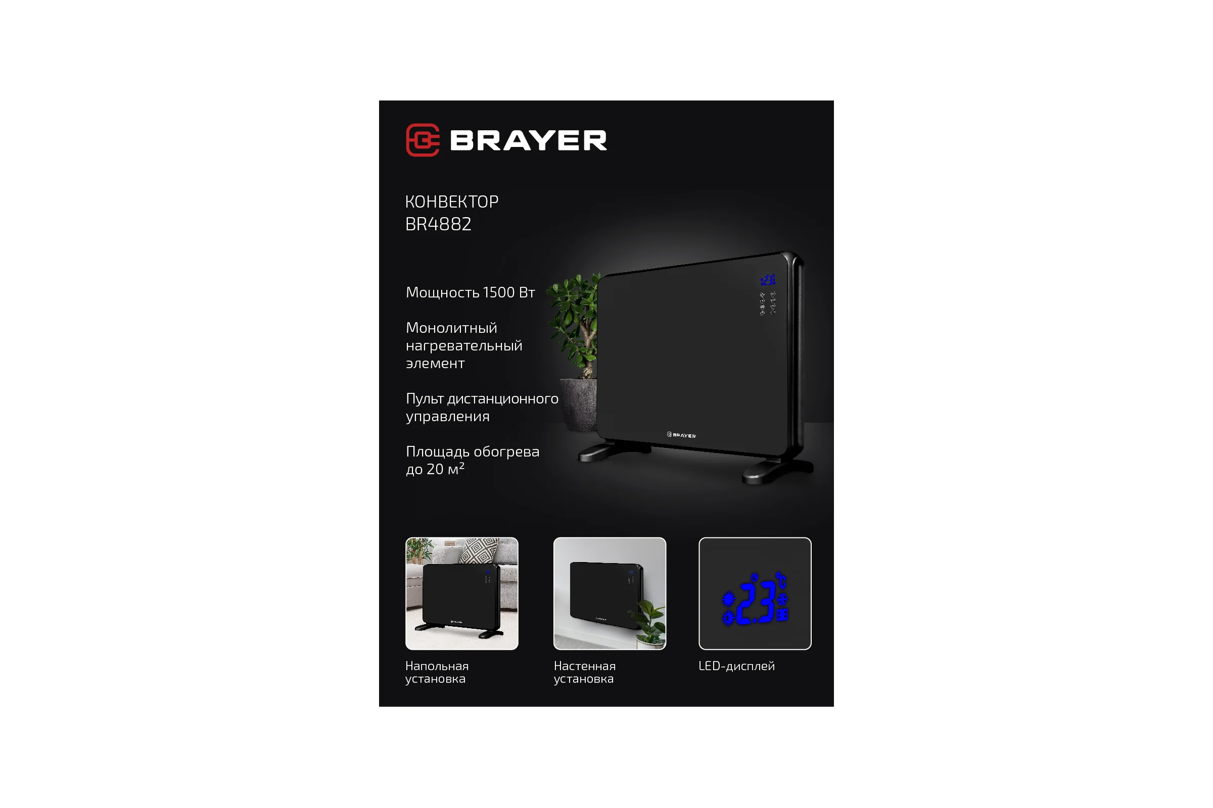 Тепловентилятор конвекторного типа BRAYER 1500 Вт, BR4882