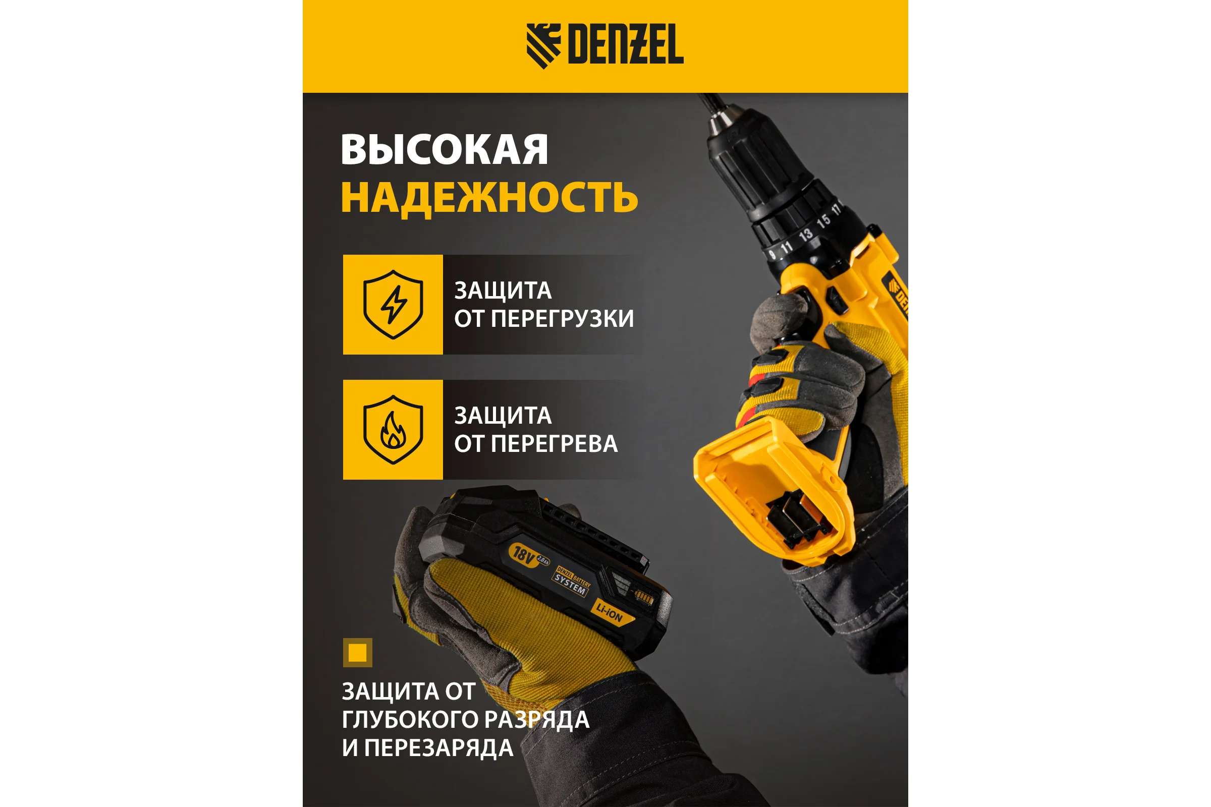 Батарея аккумуляторная B-18-2.0, Li-Ion, 18 В, 2.0 Ач DENZEL 28435