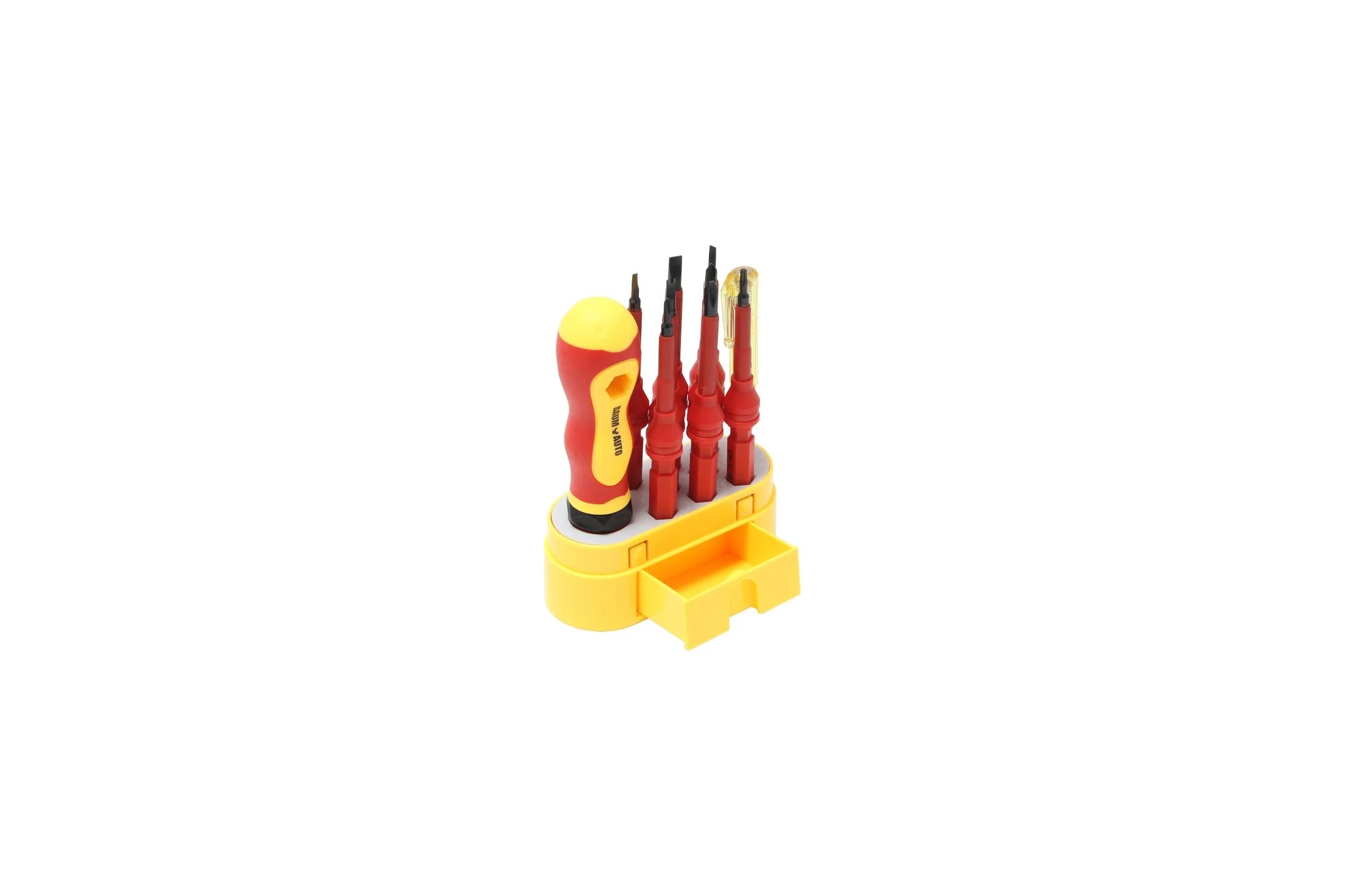 Диэлектрическая отвертка со сменными насадками BaumAuto PH0, PH2, SL3.0, SL6.0, Y1, T10, U2, трехгранная 4.0, в комплекте с пробником, 10 предметов в пластиковом футляре BM-3031210(15695)