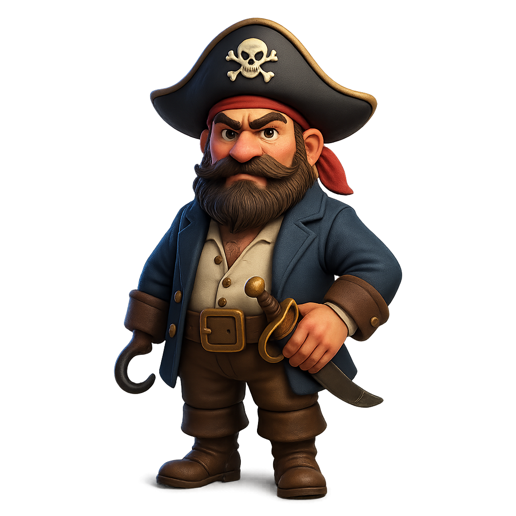 3D cartoon pirate with animated expression and pirate hat on transparent background