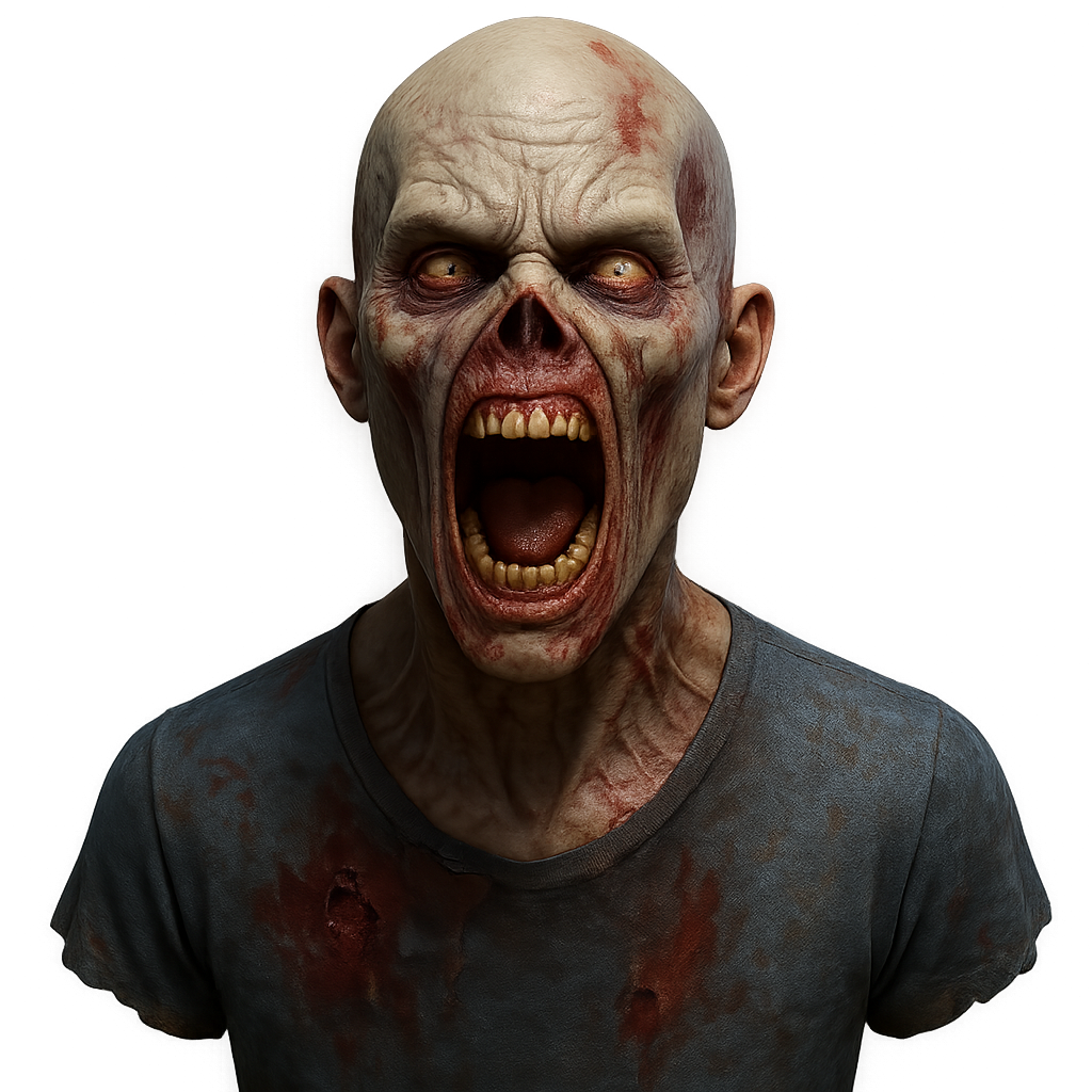 Rosto de civil zumbi 3D gritando em fundo transparente