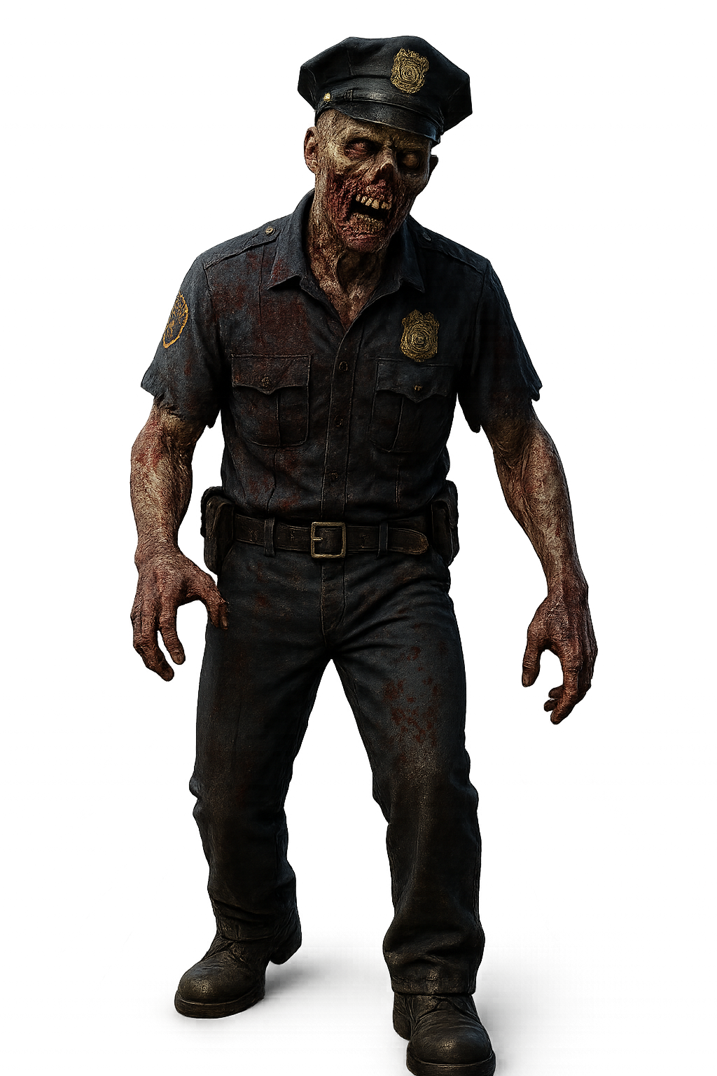 Seragam polisi zombie 3D dengan wajah membusuk di latar belakang transparan
