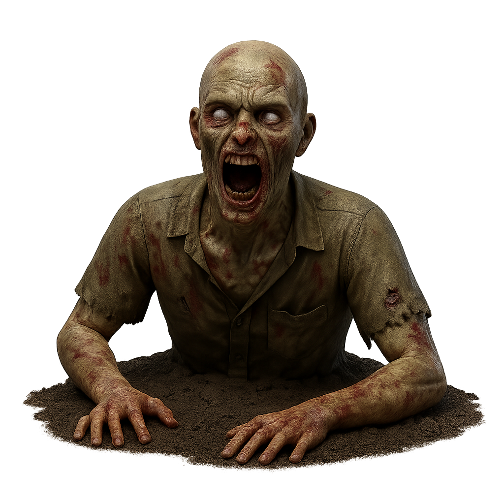 3D zombie corpse half buried in ground isolated on transparent background
