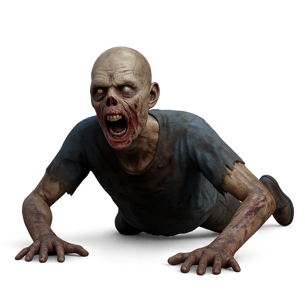 3D zombie crawling toward camera isolated on transparent background