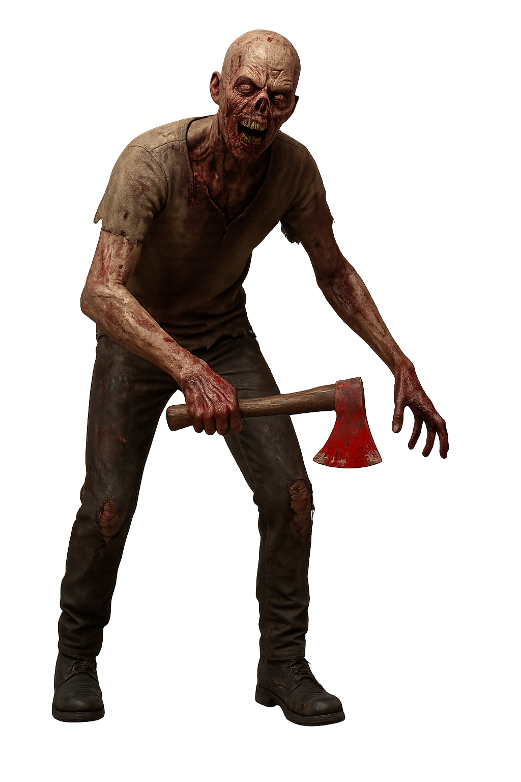 Zombie 3D memegang kapak berdarah di latar belakang transparan