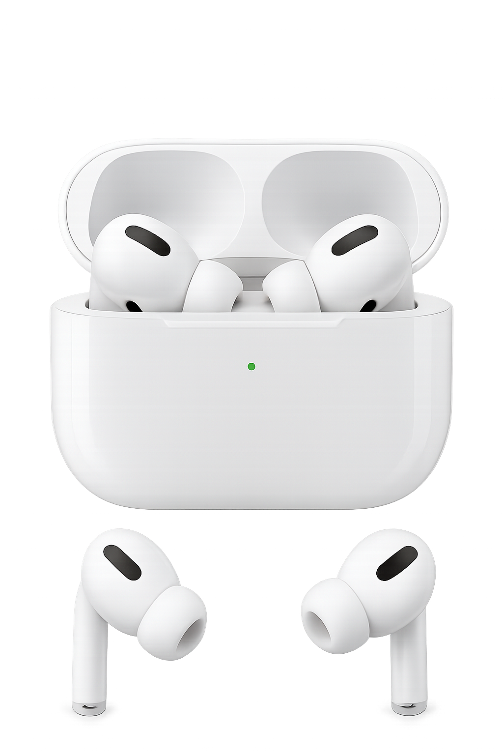 Apple AirPods Pro y estuche de carga PNG — auriculares inalámbricos premium para mockups tecnológicos y diseño de productos Apple AirPods Pro con estuche de carga abierto sobre fondo transparente
