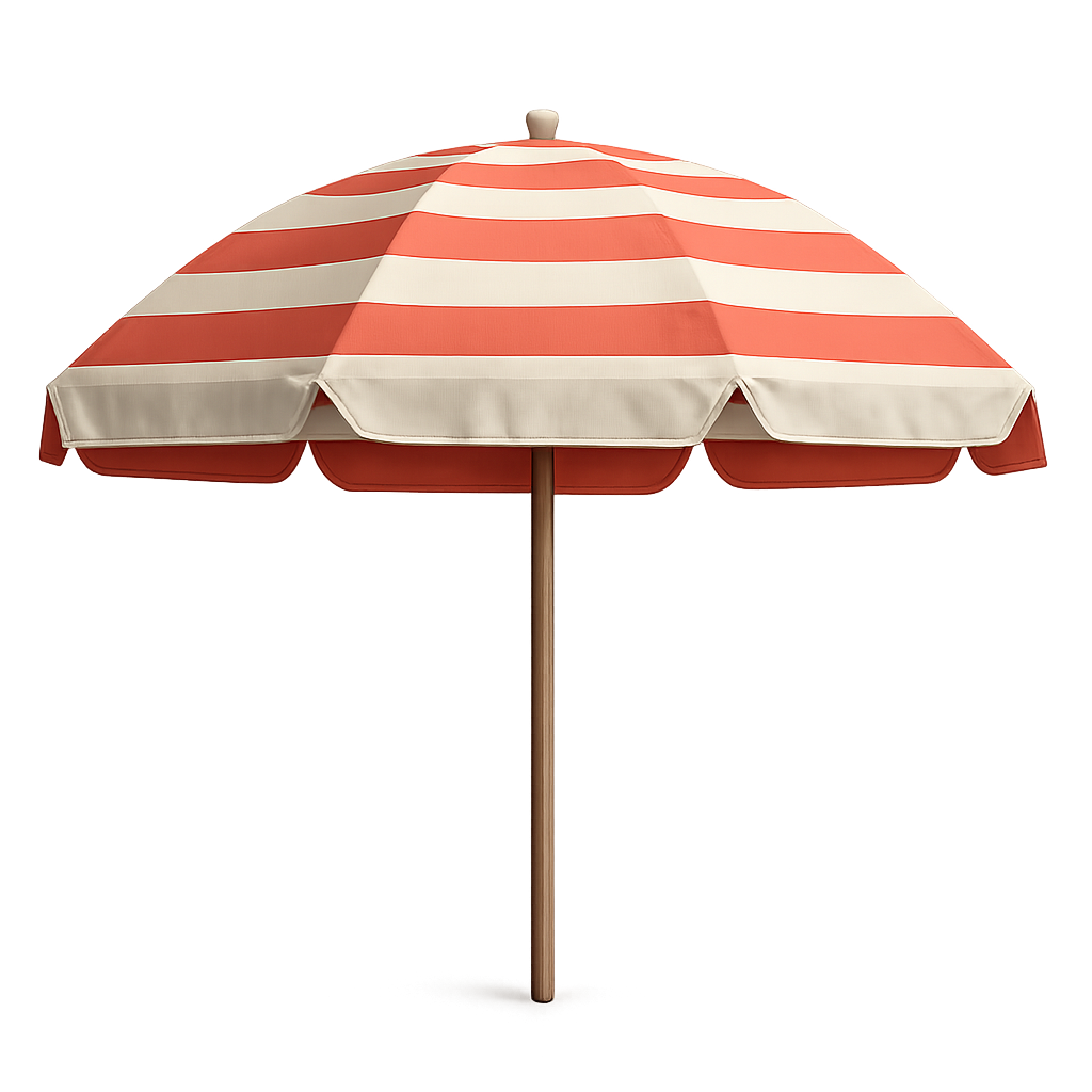 Beach umbrella with orange and white stripes isolated on transparent background