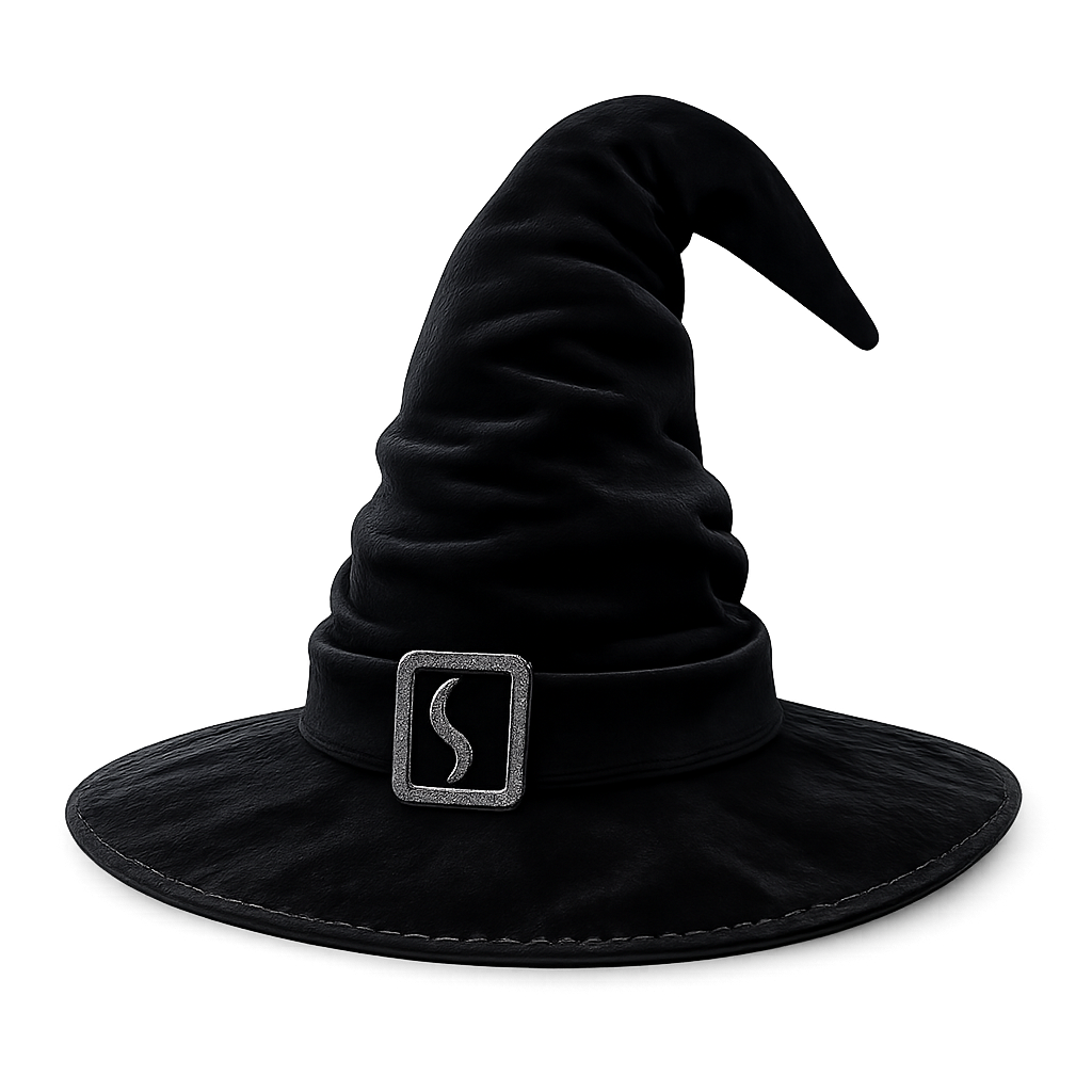 Black witch hat with buckle isolated on transparent background