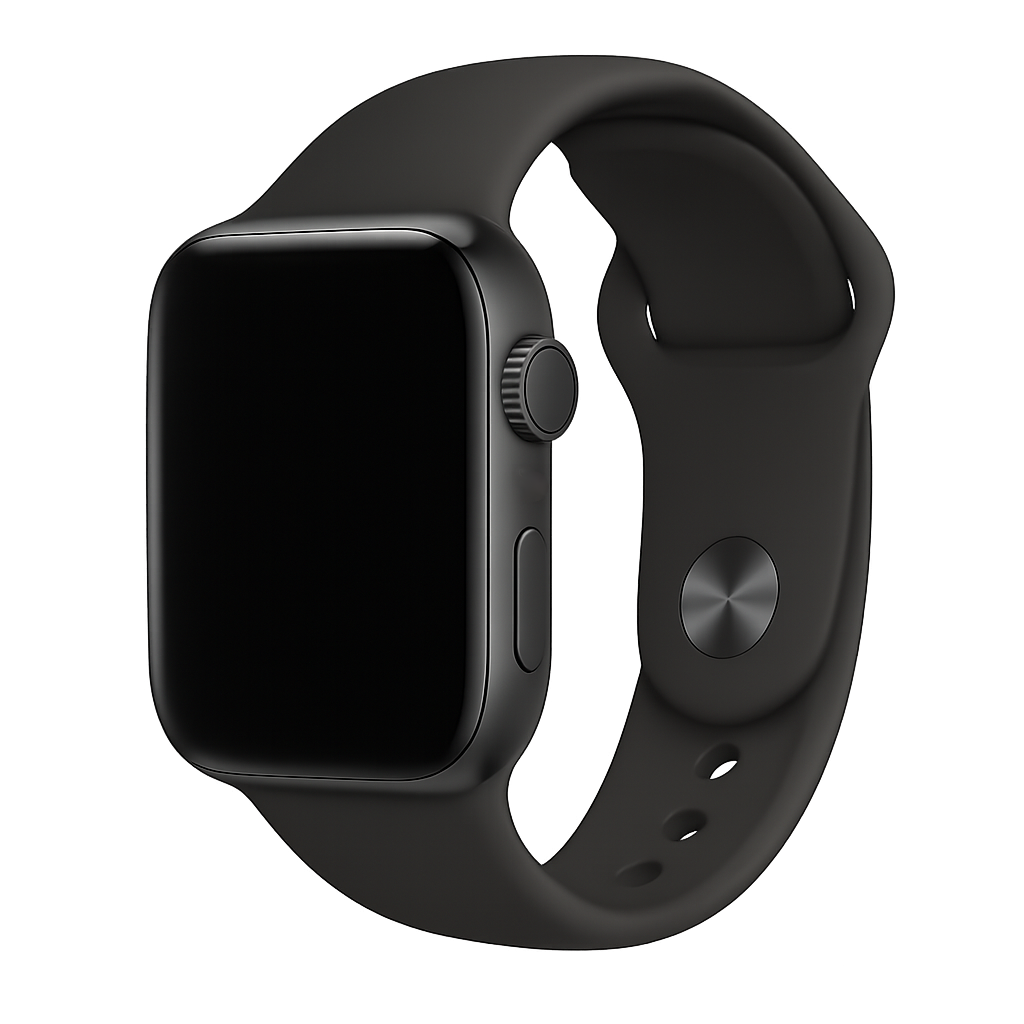 Black Apple Watch with digital display and sleek design on transparent background