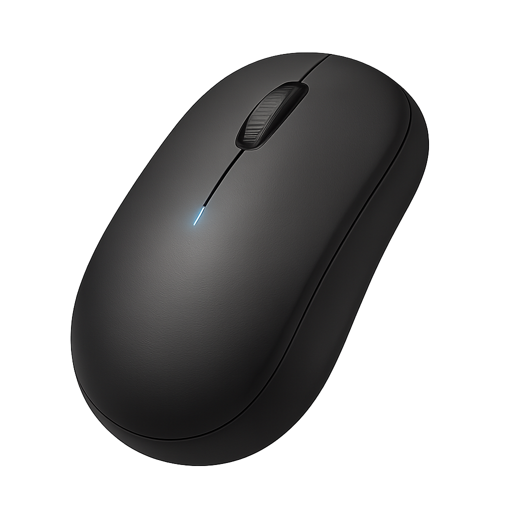 Black wired computer mouse with ergonomic design on transparent background