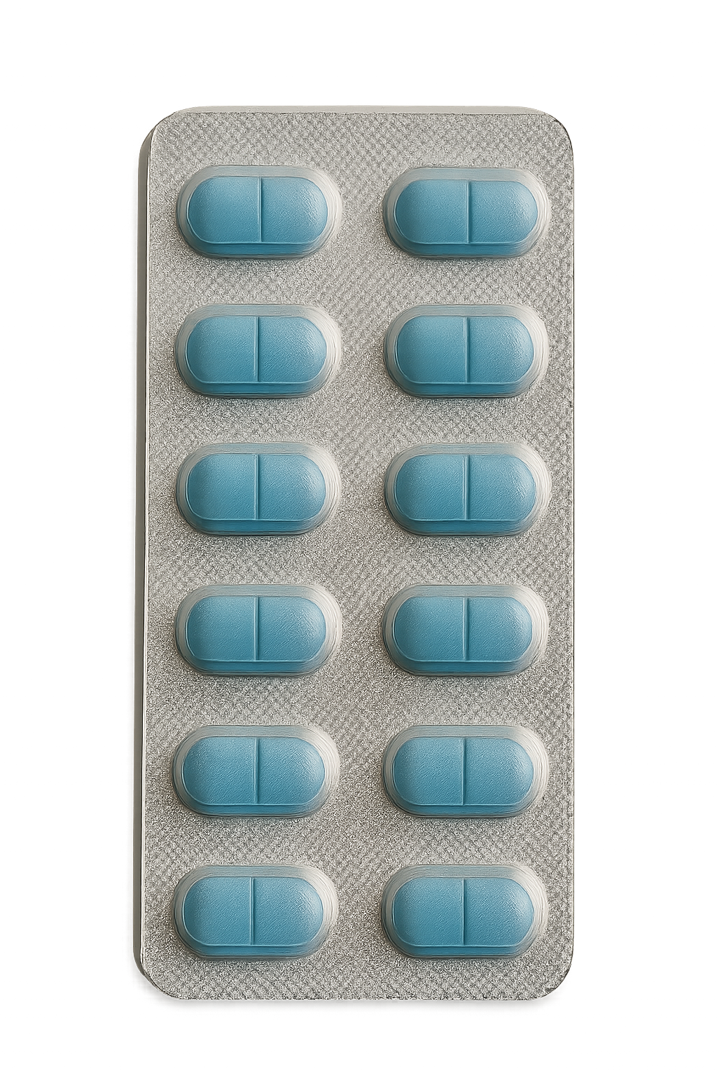 Blíster farmacéutico con tabletas azules sobre fondo transparente