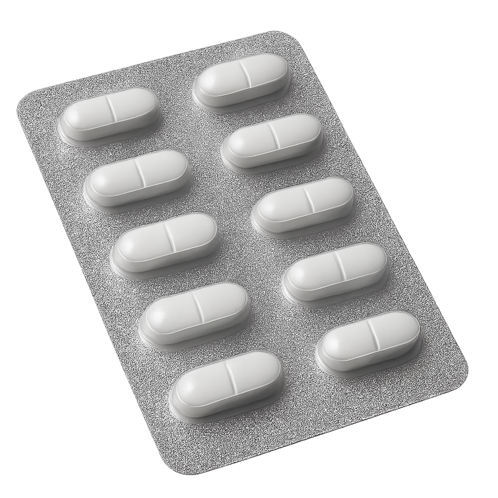 Pharmaceutical blister pack containing white tablets isolated on transparent background