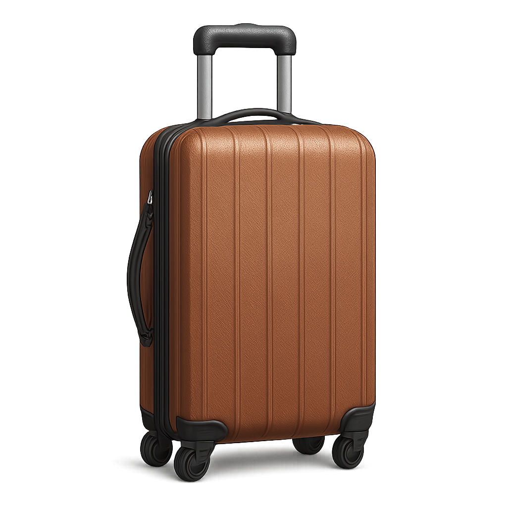 Brown hardshell suitcase with wheels and telescopic handle on transparent background