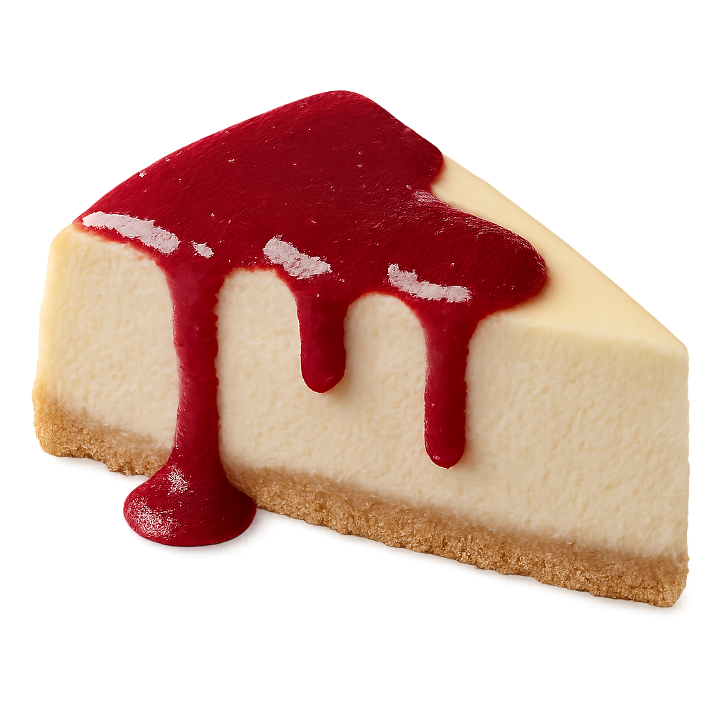 Slice of cake topped with glossy strawberry sauce on transparent background