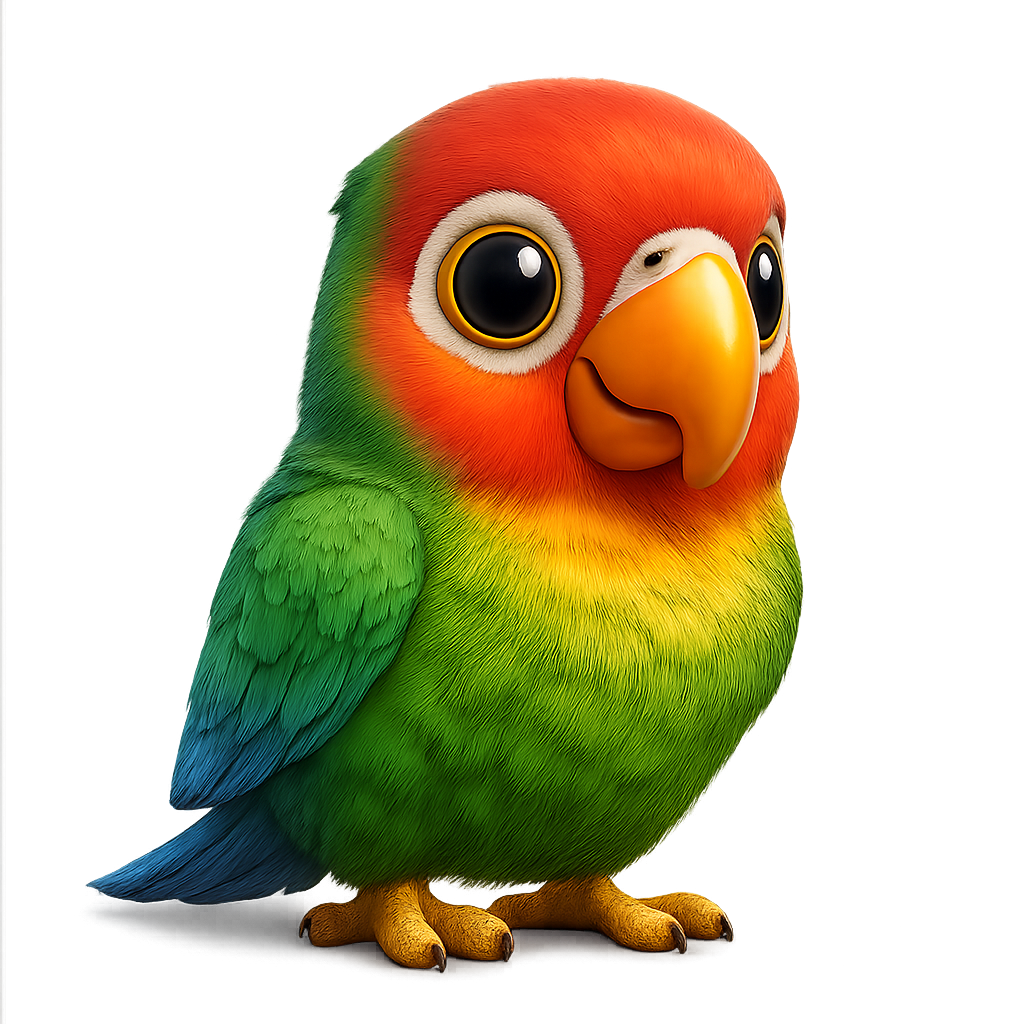 Cartoon-style parrot with vibrant feathers and cheerful expression on transparent background