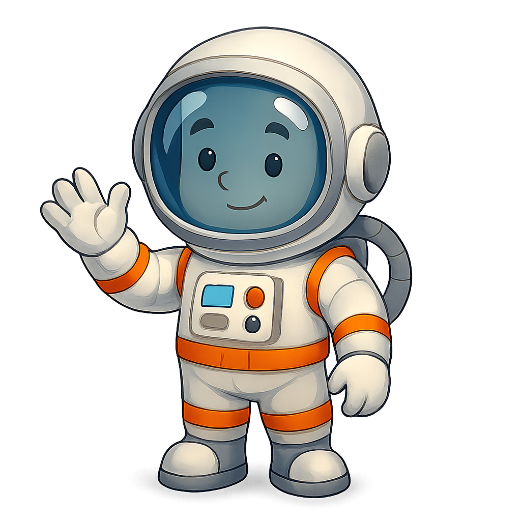 Cartoon cosmonaut in white spacesuit with helmet and waving hand on transparent background