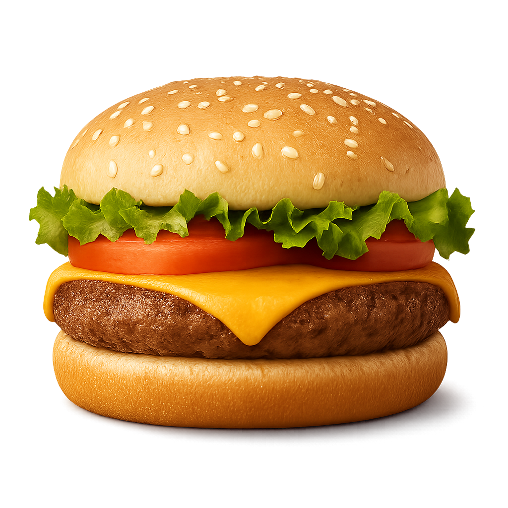Realistic cheeseburger with lettuce, tomato, cheese, and patty on transparent background