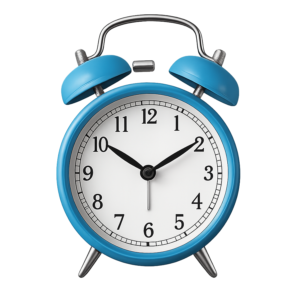 Classic blue alarm clock with twin bells and retro design on transparent background