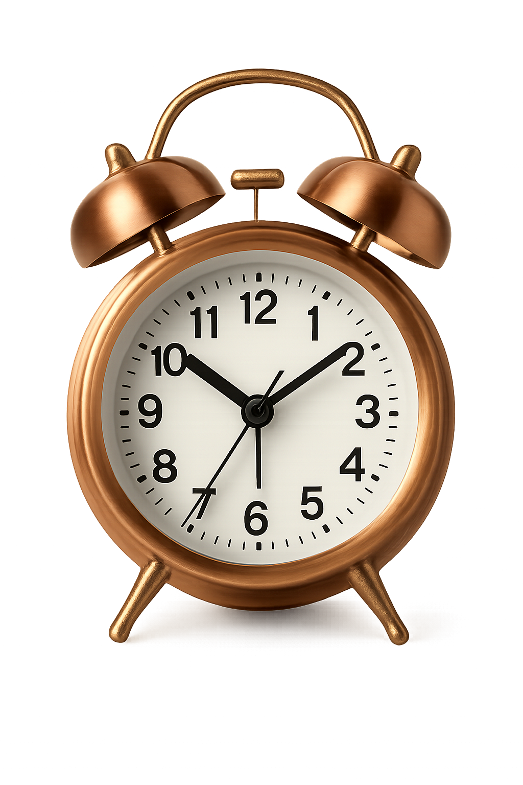 Classic bronze alarm clock with twin bells and retro design on transparent background