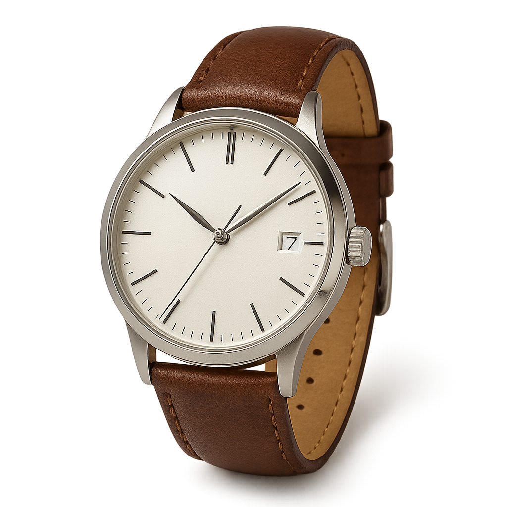 Classic wrist watch with leather strap on transparent background