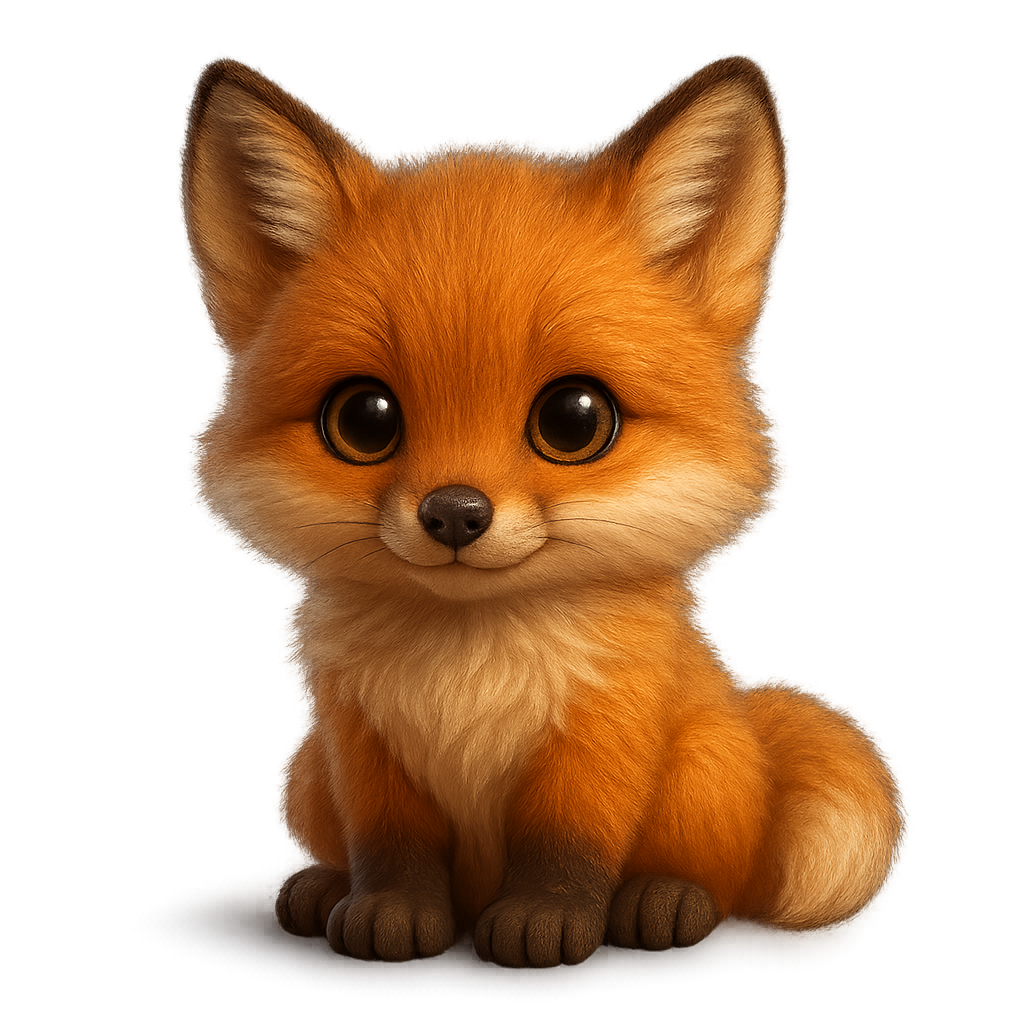 Cute fox portrait with big eyes and fluffy fur on a transparent background
