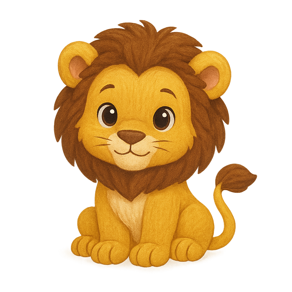 Cute lion cub with fluffy mane isolated on transparent background