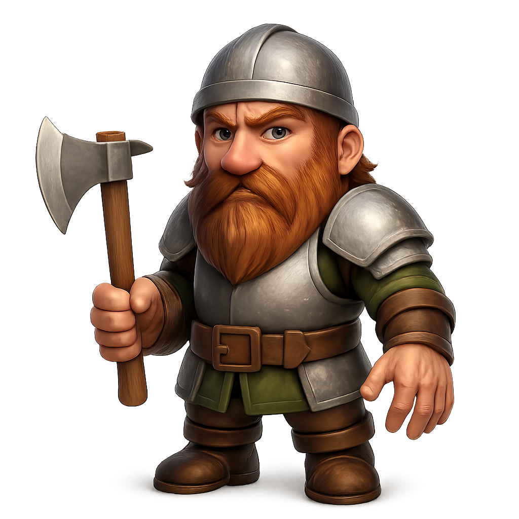 Dwarf warrior holding battle ax isolated on transparent background