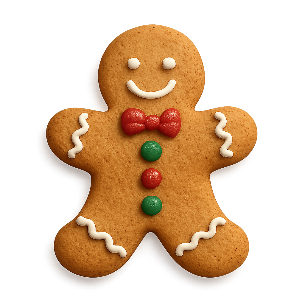 Gingerbread cookies with festive decorations isolated on transparent background