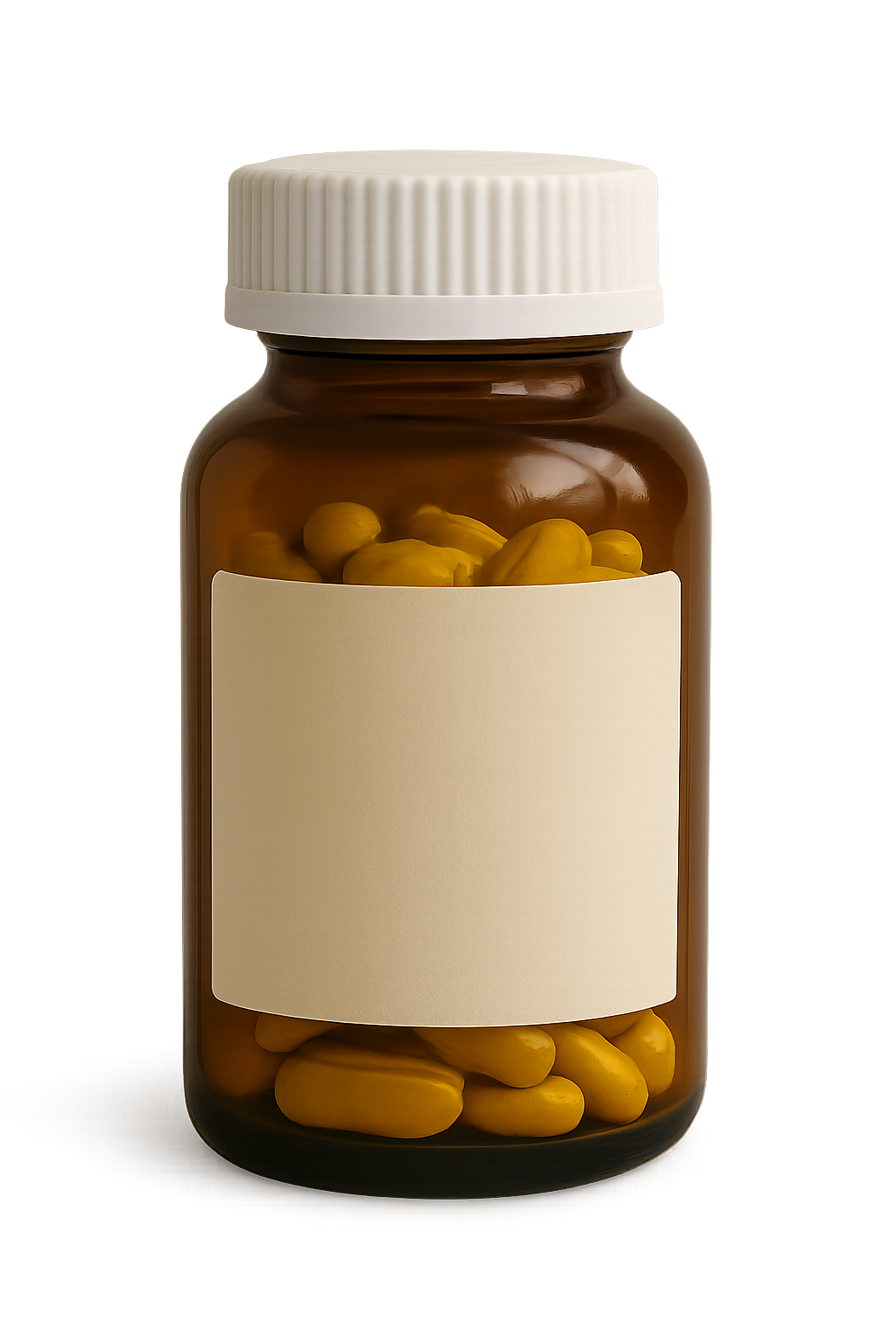 Glass medicine bottle filled with colorful capsules on transparent background