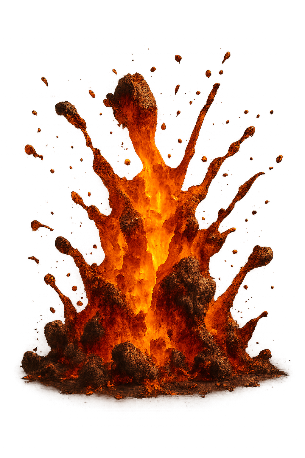 Respingo de lava ardente PNG — efeito de erupção vulcânica para designs de fogo dramáticos Respingo de lava ardente com faíscas brilhantes e textura derretida em fundo transparente